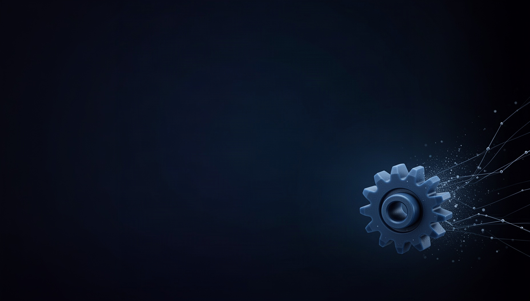 3d printing PowerPoint background with a holographic extruder gear in opposite corners (top left, bottom right), deep navy