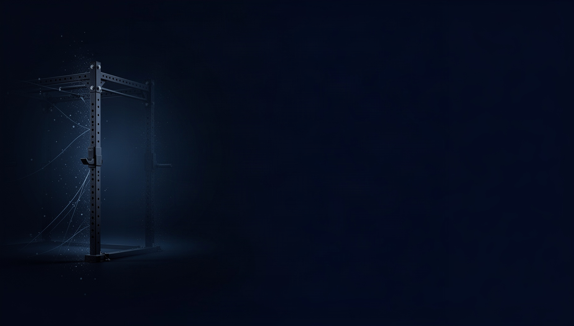 Gym PowerPoint background with a holographic squat rack on the left edge, deep navy