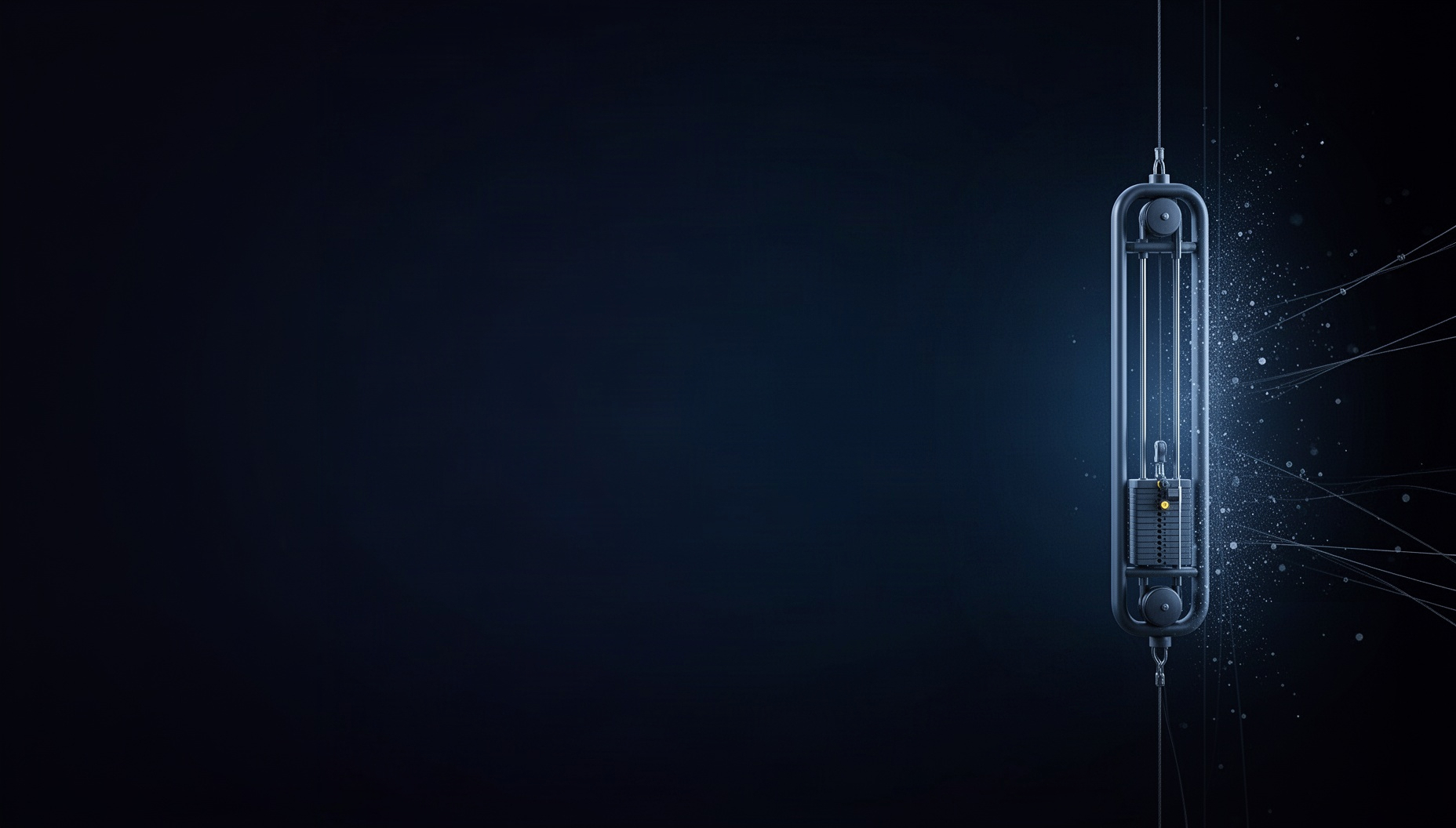 Gym PowerPoint background with a holographic cable machine on the right edge, deep navy