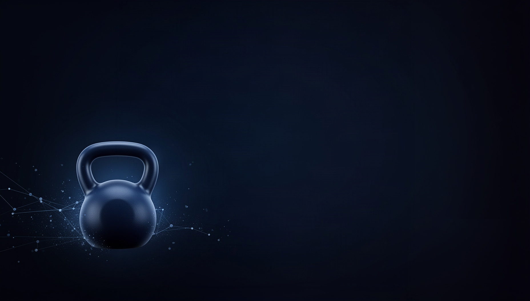 Gym PowerPoint background with a holographic kettlebell in opposite corners, deep navy