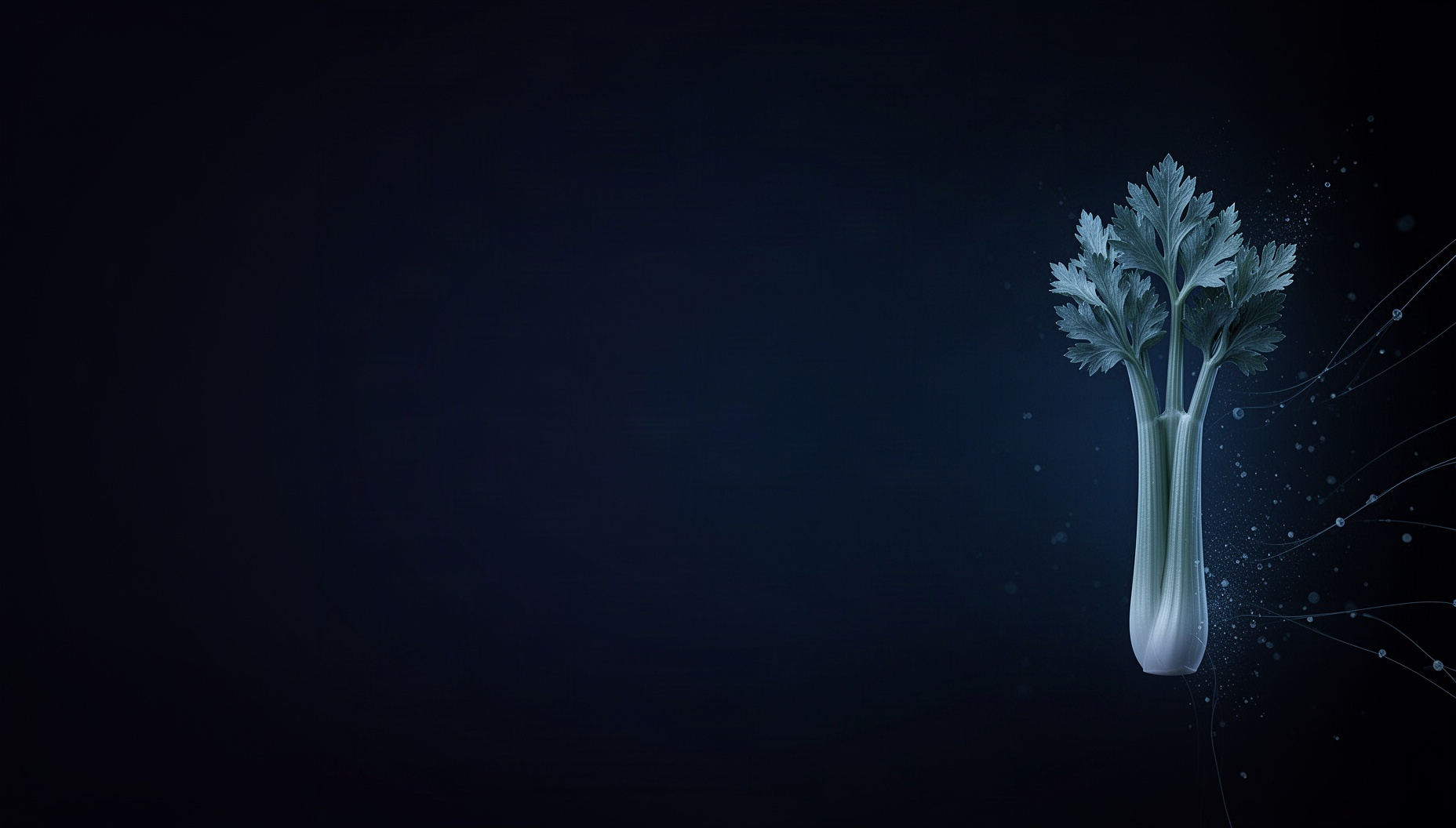 Food presentation background with a holographic celery crown on the right edge, deep navy
