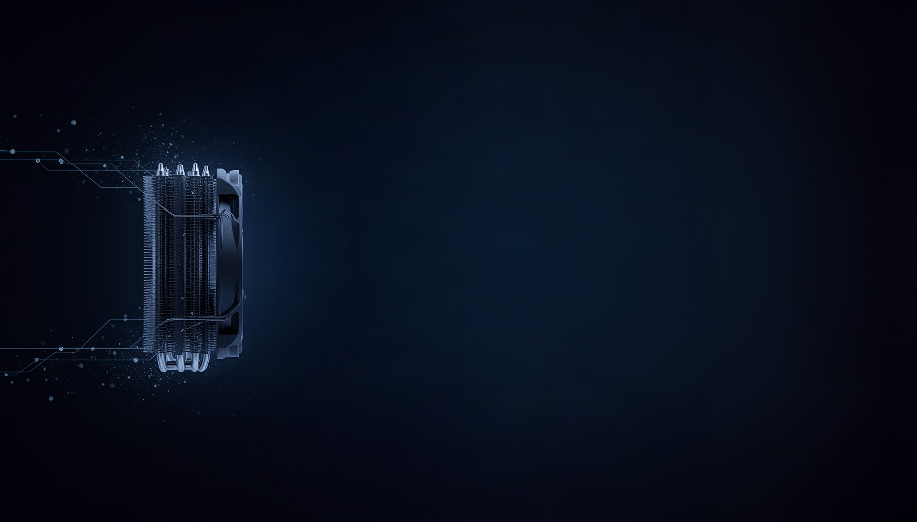Computer hardware powerpoint background with a CPU heatsink on the left edge, deep navy
