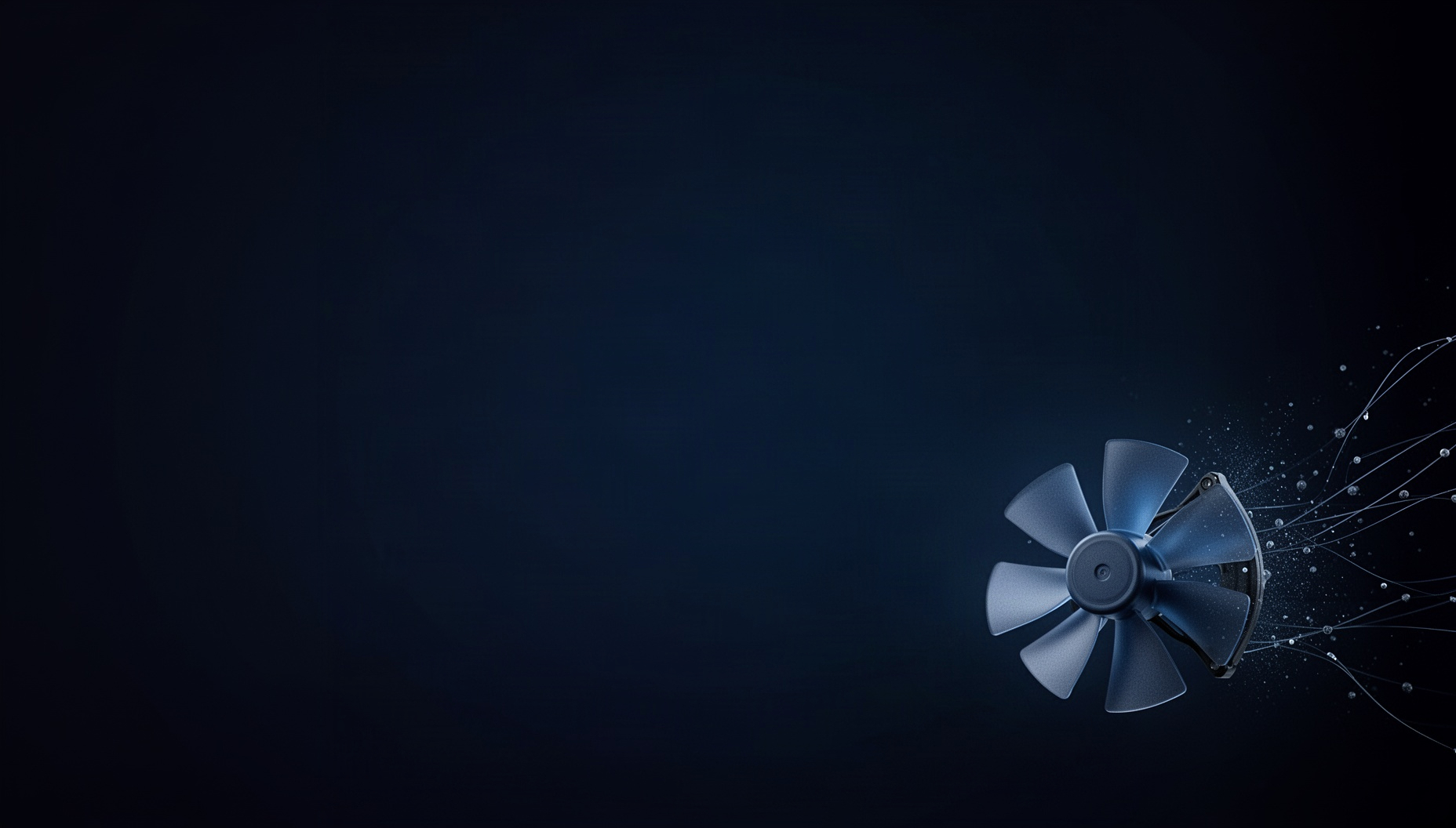 Computer hardware powerpoint background with a fan blade in opposite corners (top left, bottom right), deep navy