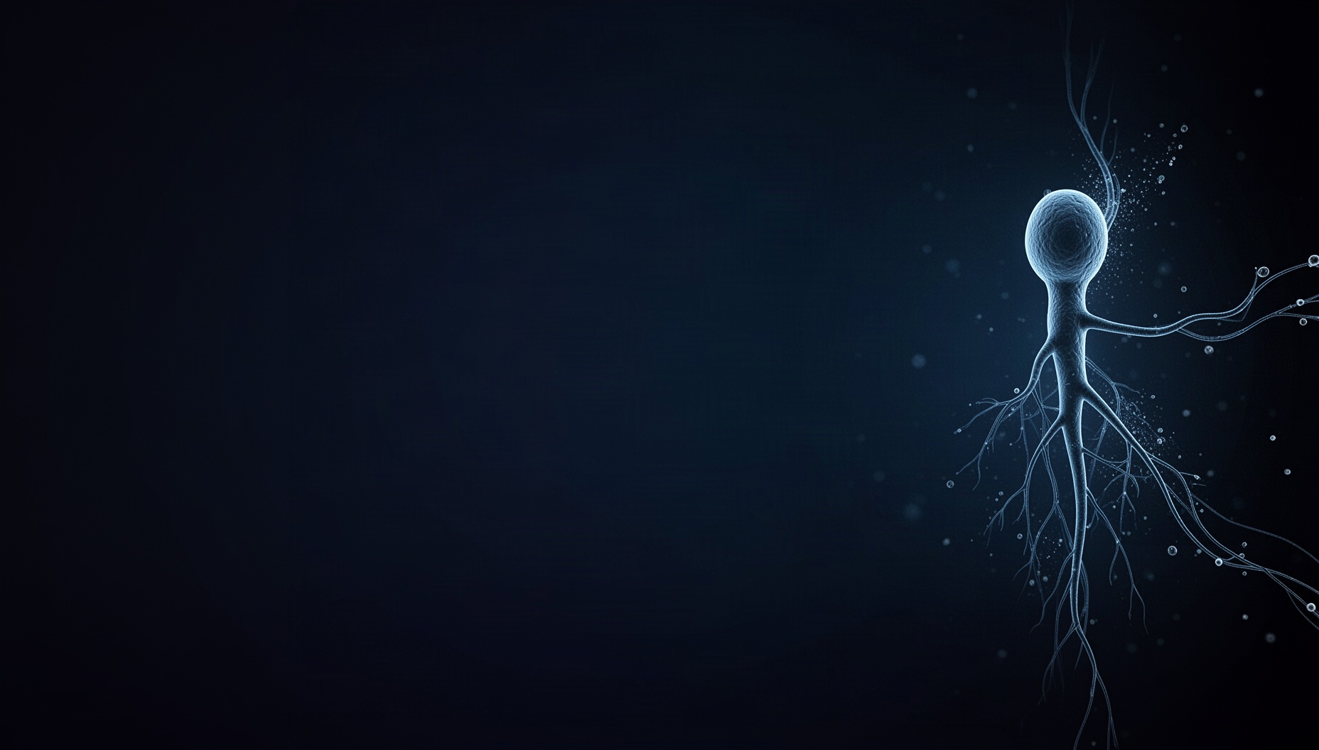 Nervous system slide background with a realistic peripheral nerve on the right edge, deep navy