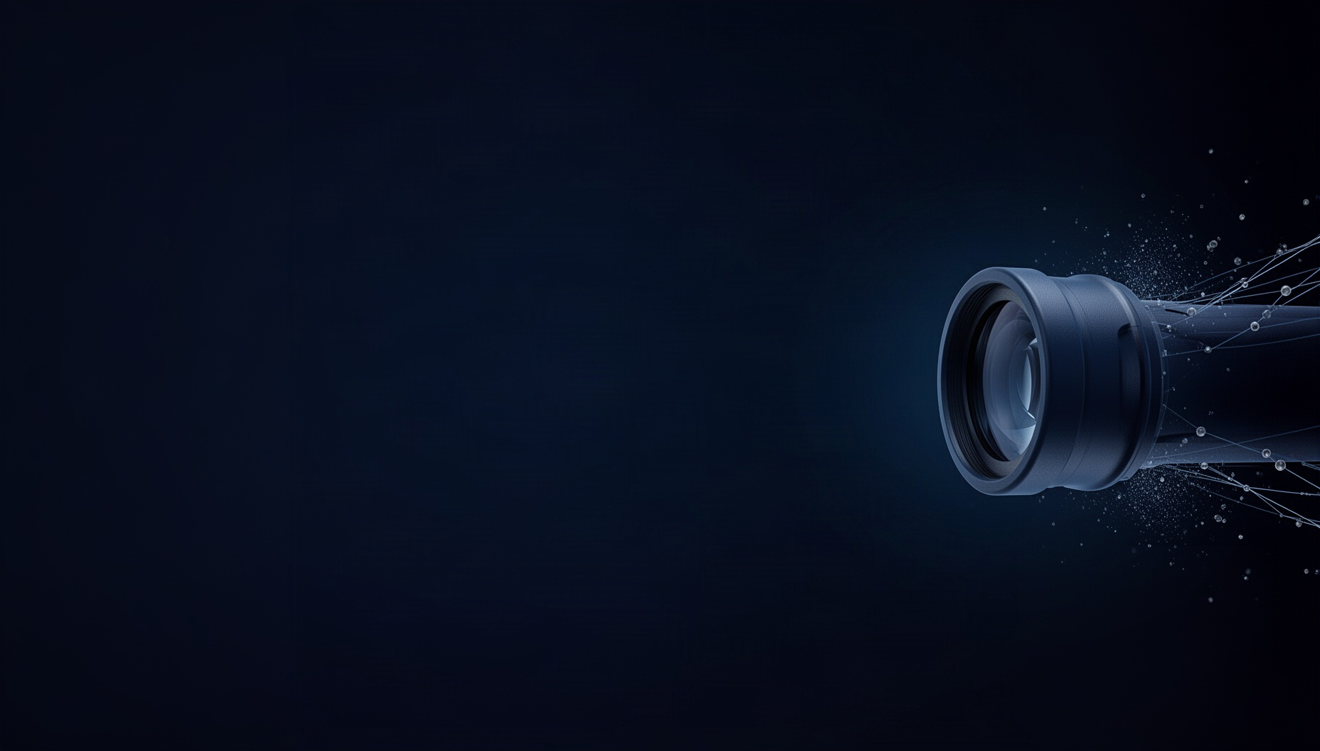 Sensor powerpoint background with a holographic optical probe rim on the right edge, deep navy