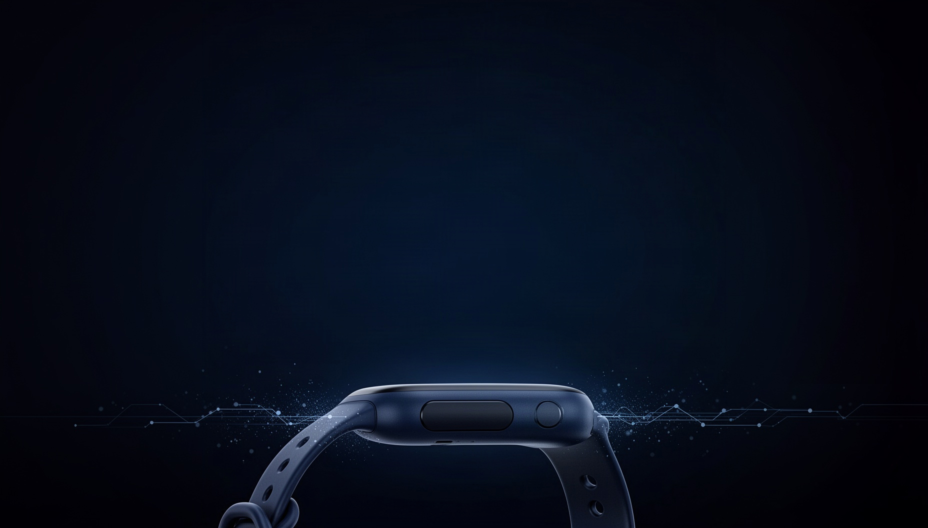 Sensor powerpoint background with a holographic wearable sensor strap along the bottom edge, deep navy