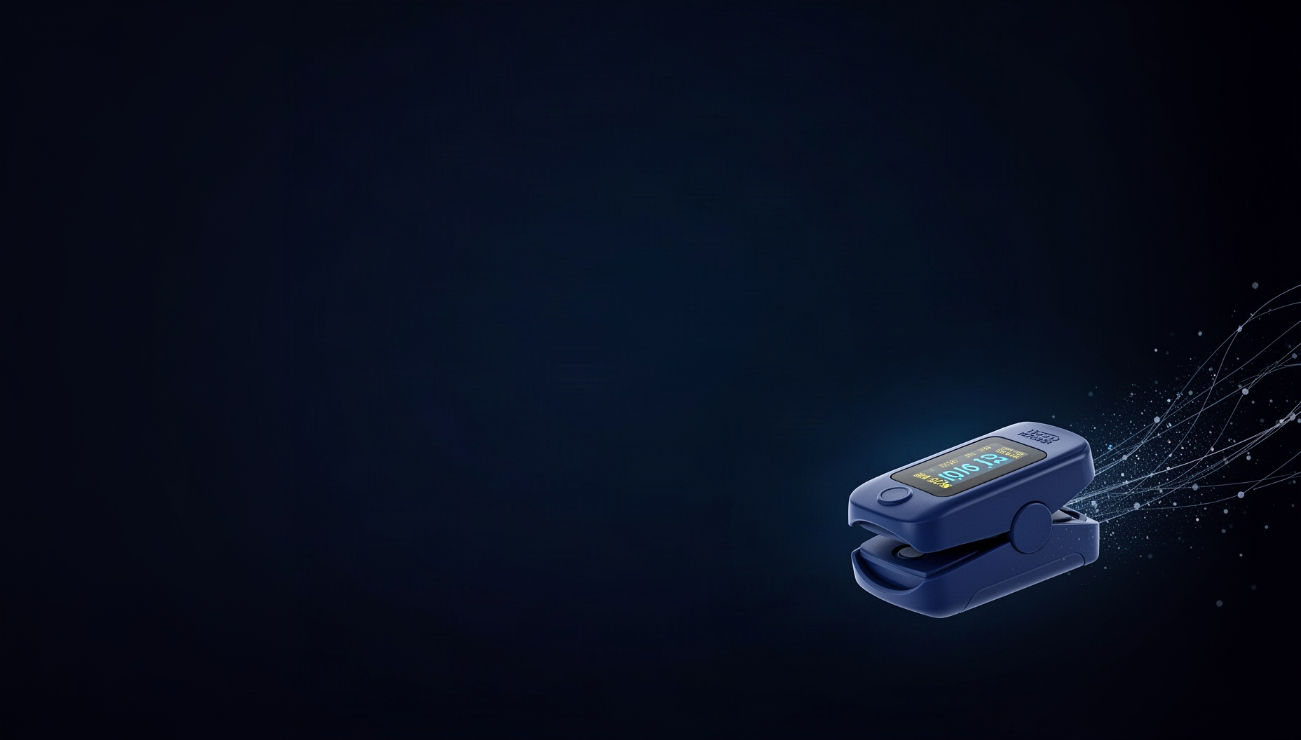 Sensor powerpoint background with a holographic pulse oximeter clip in opposite corners (top left, bottom right), deep navy