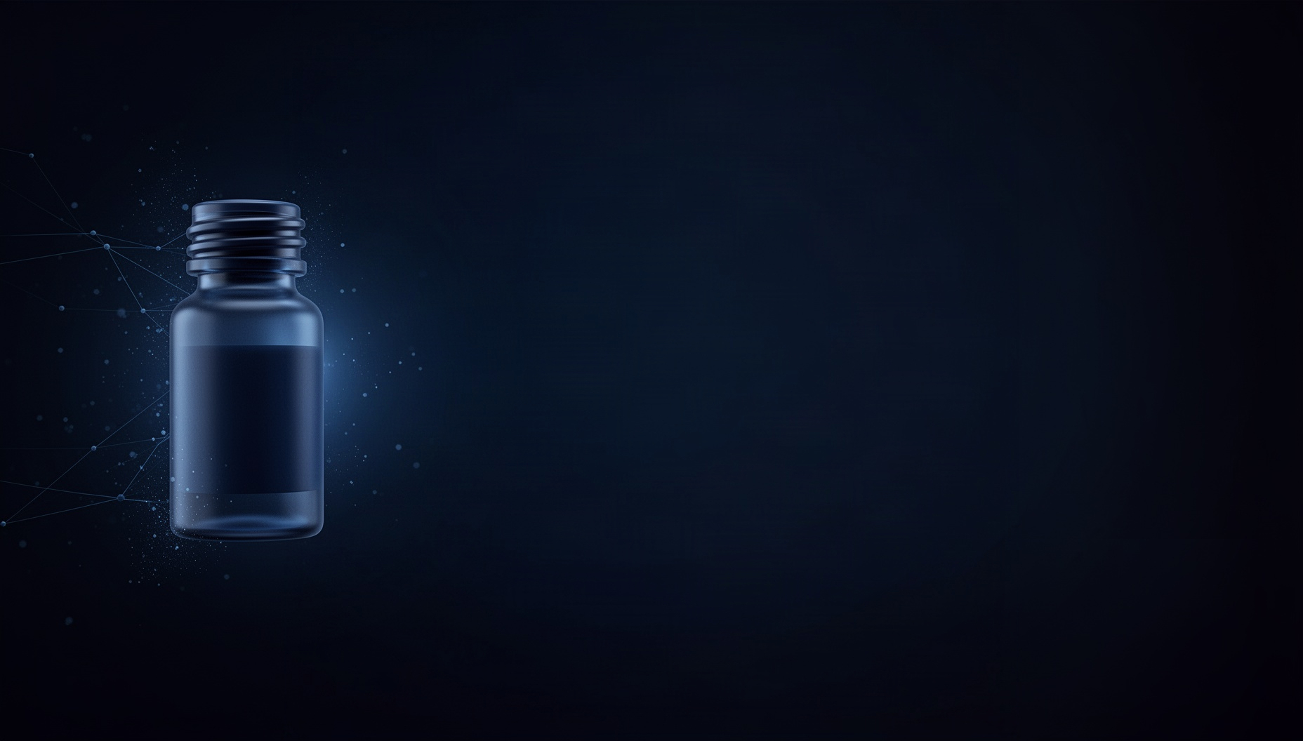 Pharmacy PowerPoint background with a holographic medicine vial on the left edge, deep navy