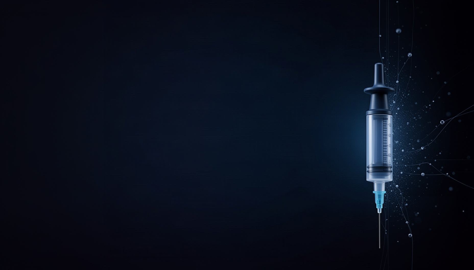 Pharmacy PowerPoint background with a holographic syringe on the right edge, deep navy