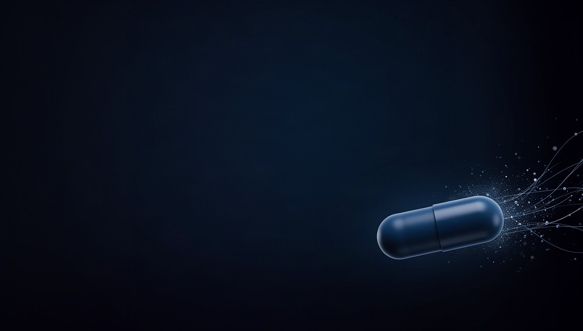 Pharmacy PowerPoint background with a holographic capsule in opposite corners, deep navy