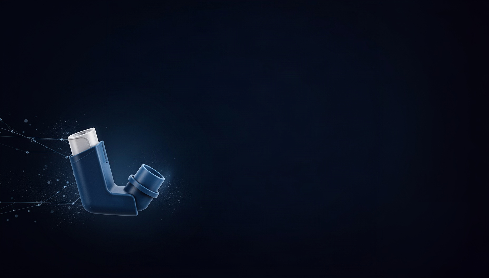 Pharmacy PowerPoint background with a holographic inhaler in opposite corners, deep navy