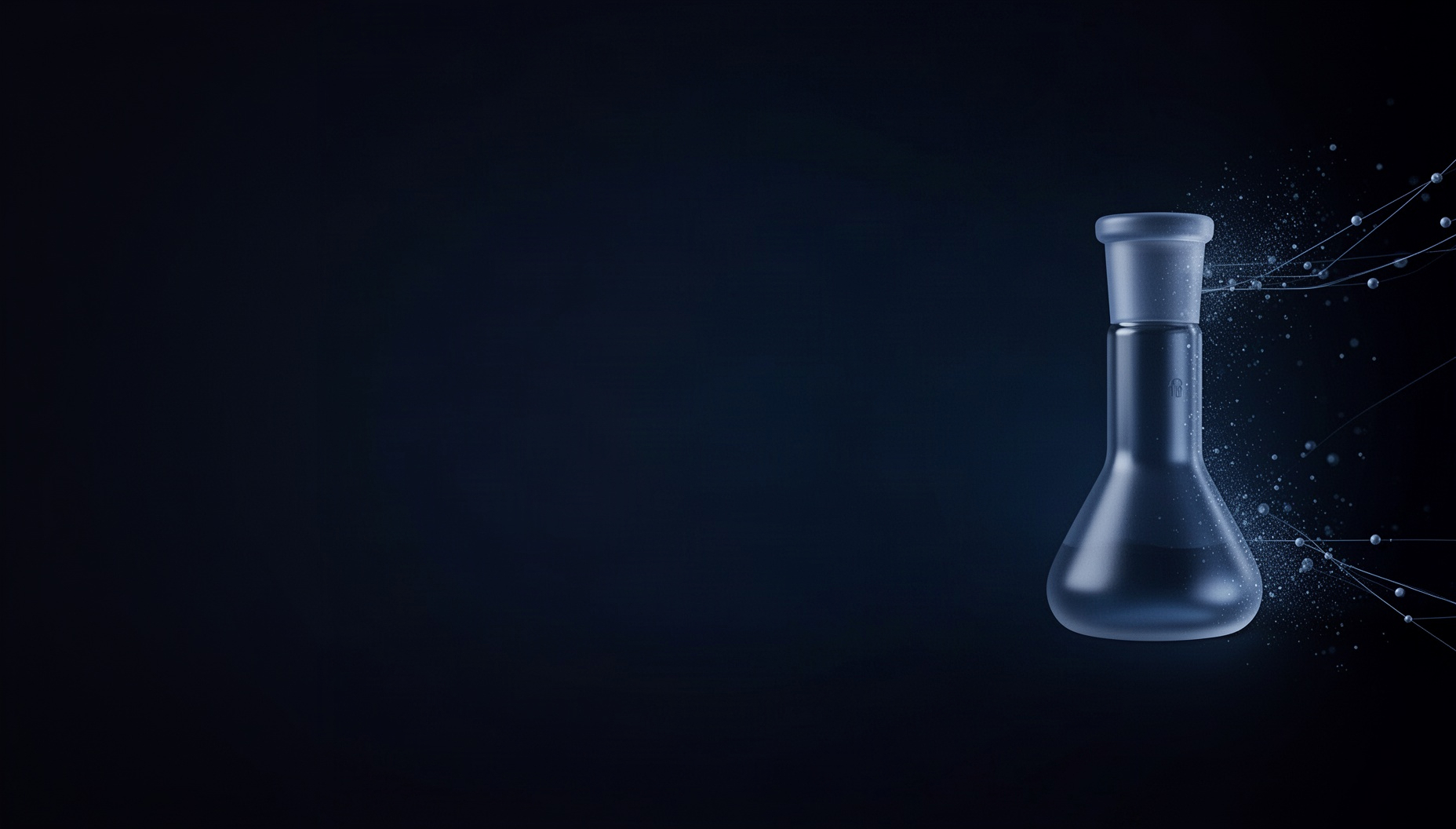 Chemistry slide background with a distillation flask on the right edge, deep navy