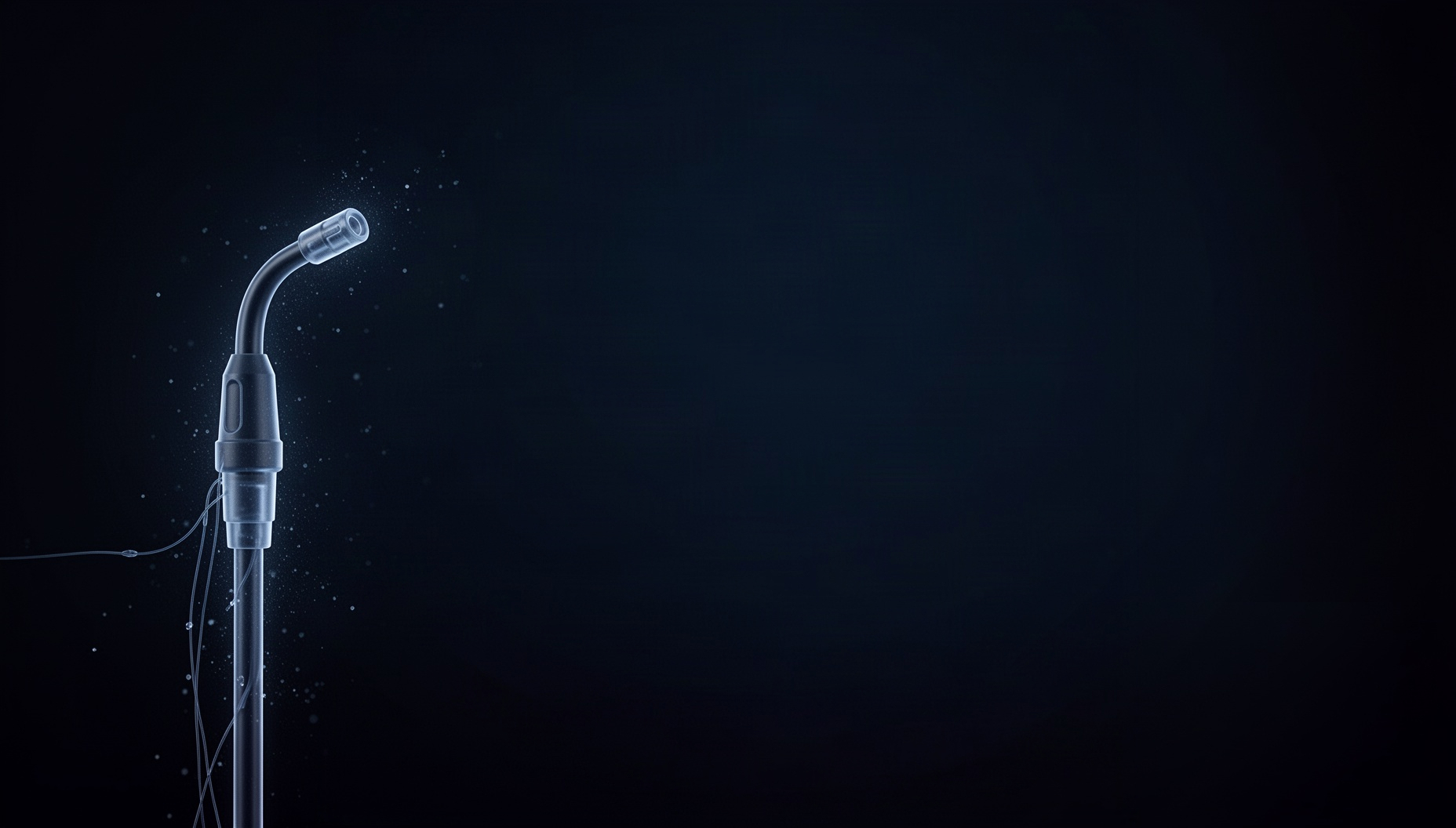 Healthcare PowerPoint background with a holographic gastroscope tip on the left edge, deep navy
