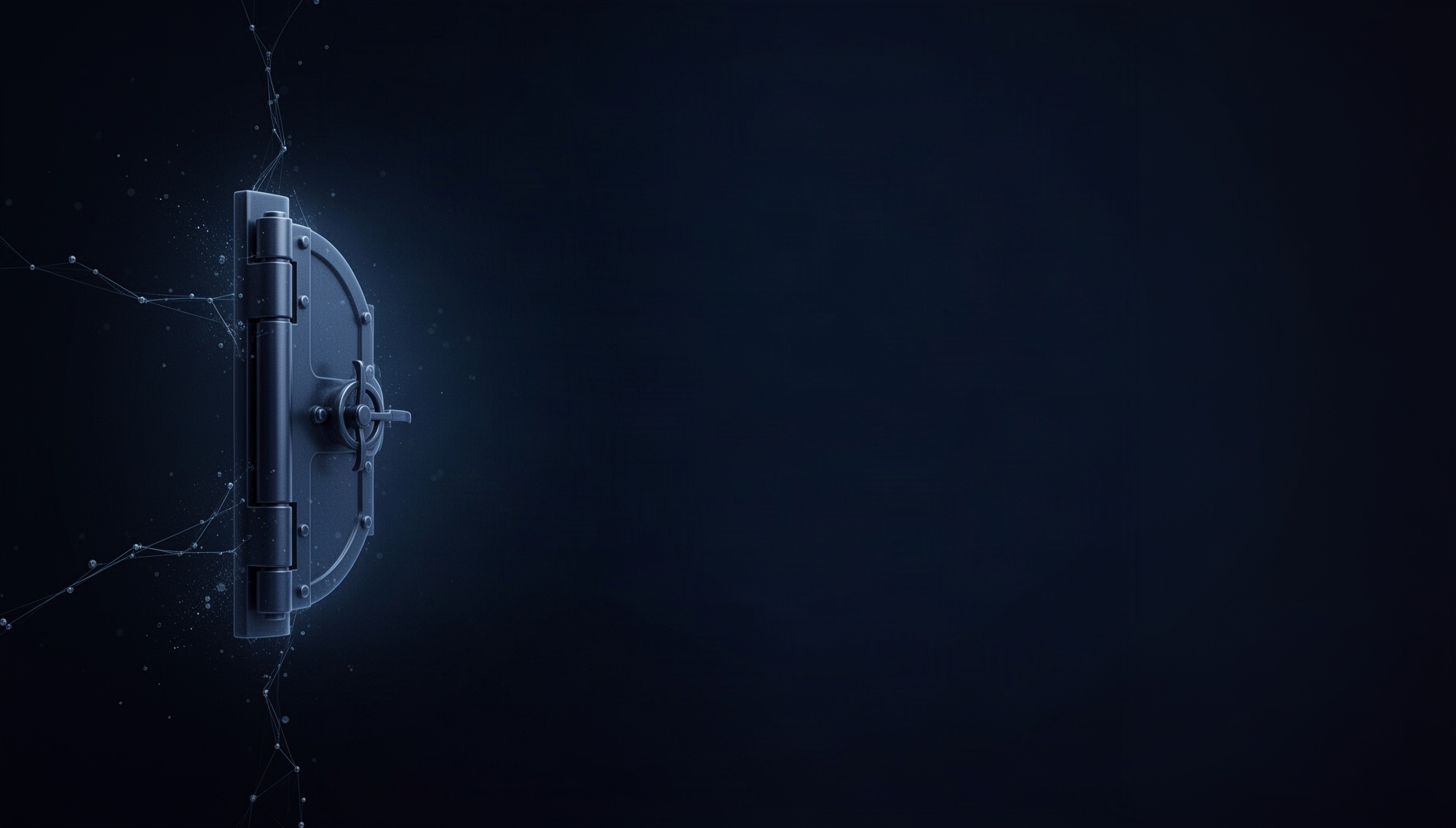 Finance presentation background with an illustrated vault door on the left edge, deep navy