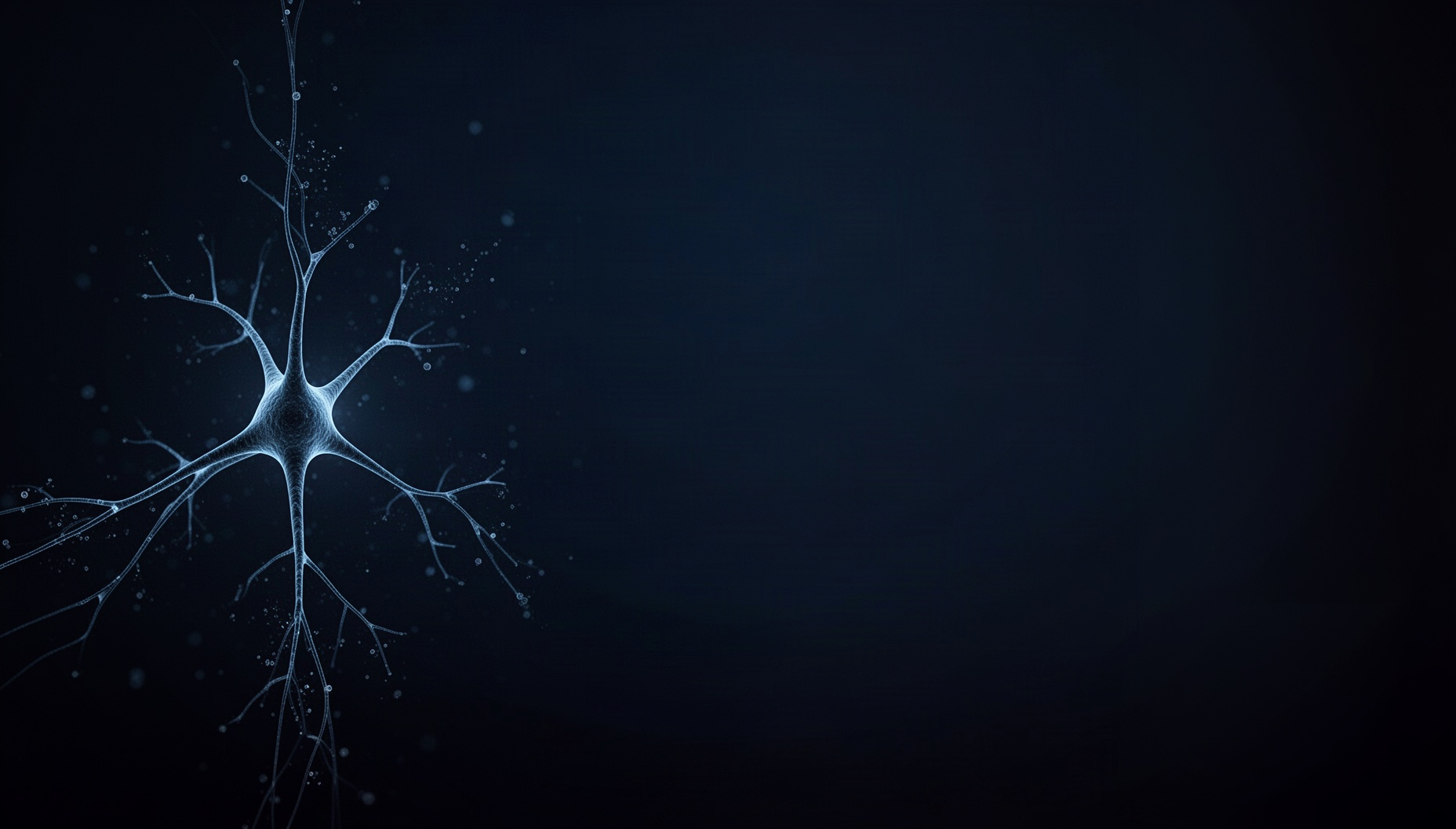 Neuron slide background with a dramatically lit pyramidal neuron on the left edge, deep navy