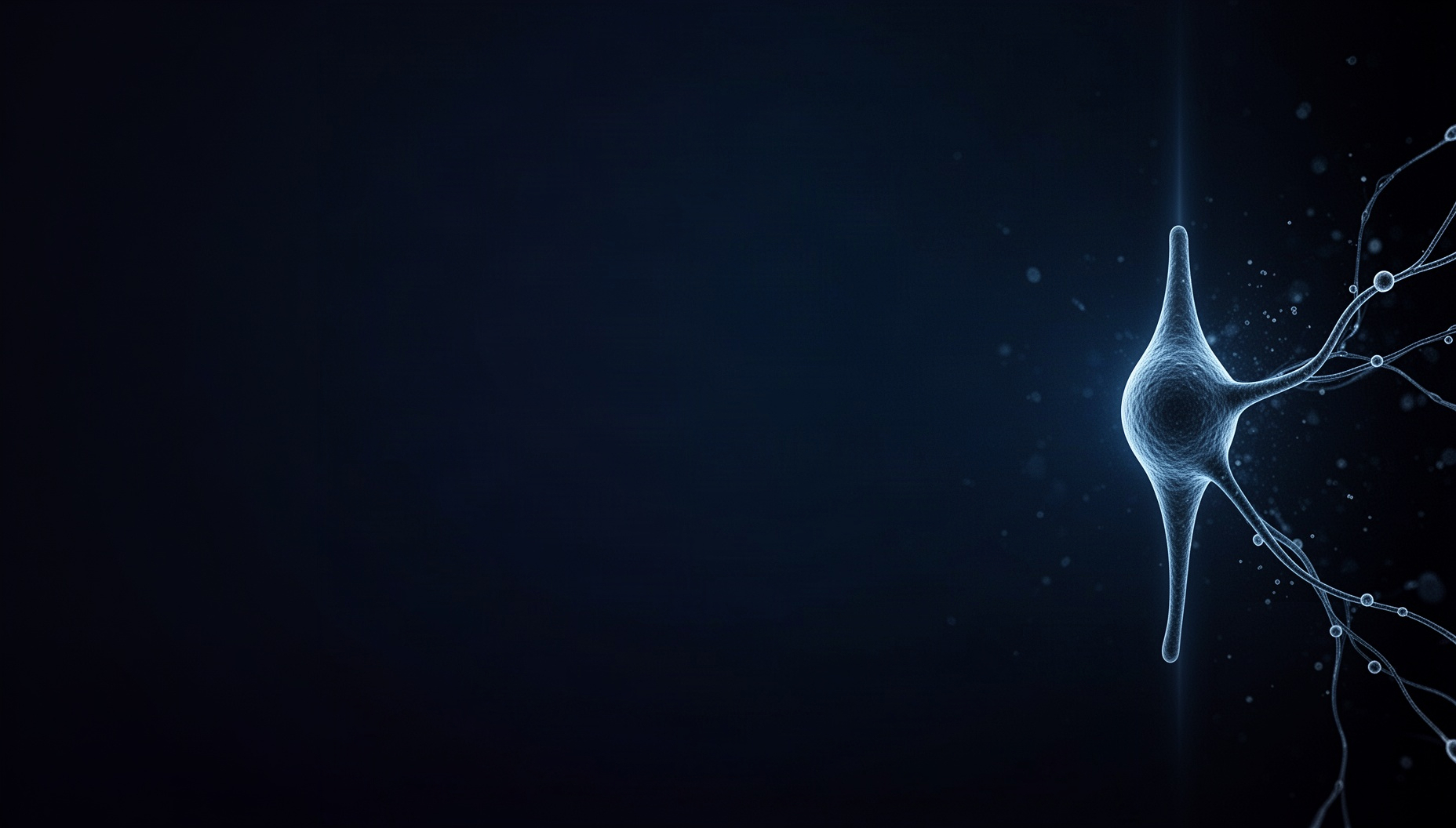 Neuron slide background with a dramatically lit dendrite on the right edge, deep navy