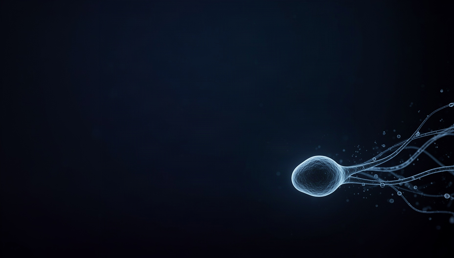 Neuron slide background with a dramatically lit terminal bouton in opposite corners (top left, bottom right), deep navy