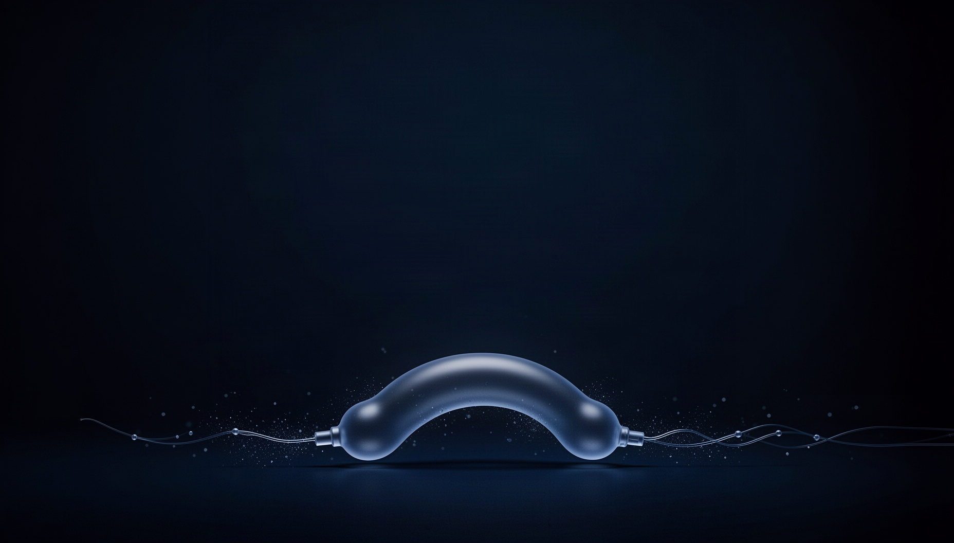 Heart background for slides with a holographic catheter balloon along the bottom edge, deep navy