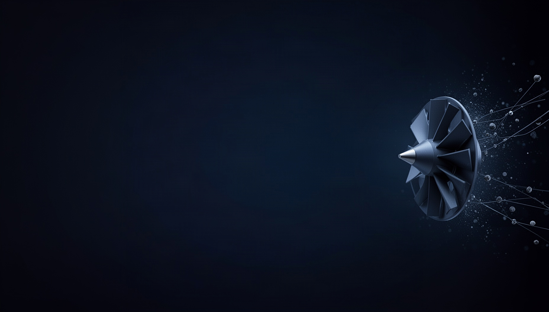 Mechanical engineering PowerPoint background with a holographic impeller on the right edge, deep navy