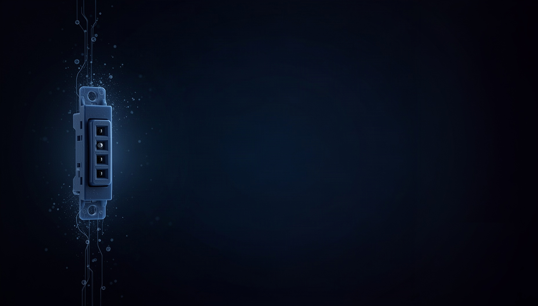 Automotive PowerPoint background with a holographic connector pins on the left edge, deep navy