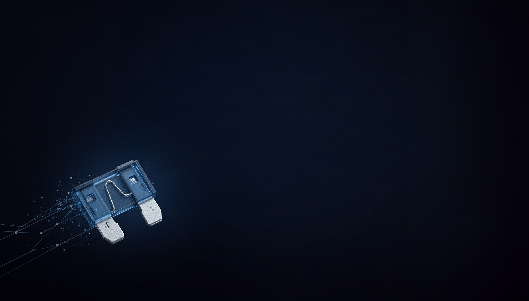 Automotive PowerPoint background with a holographic fuse holder in opposite corners, deep navy