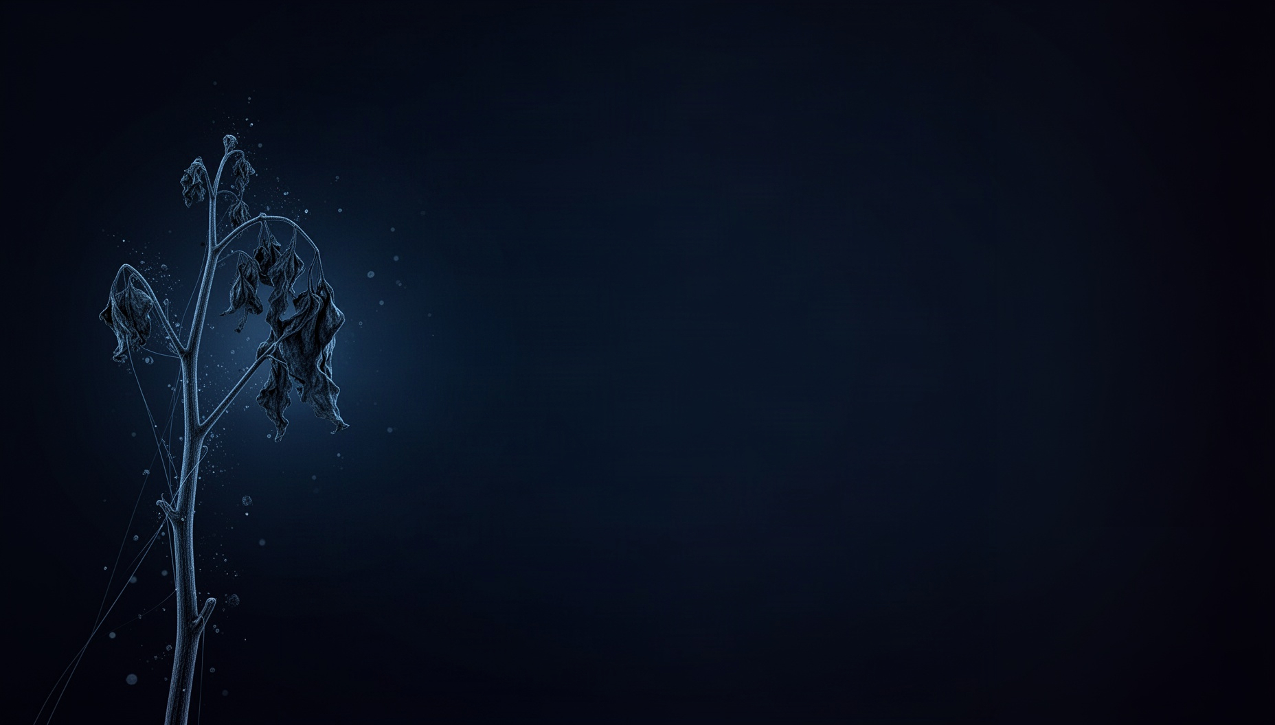 Science slide background with a wilted plant stem on the left edge, deep navy