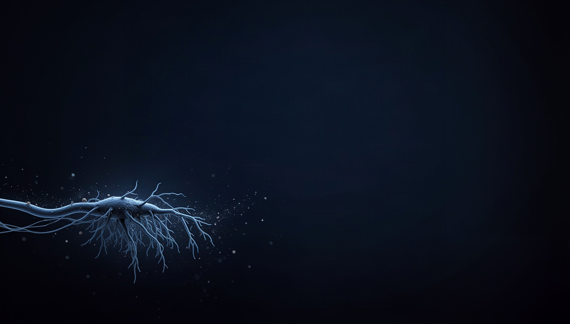 Science slide background with a plant root in opposite corners, deep navy