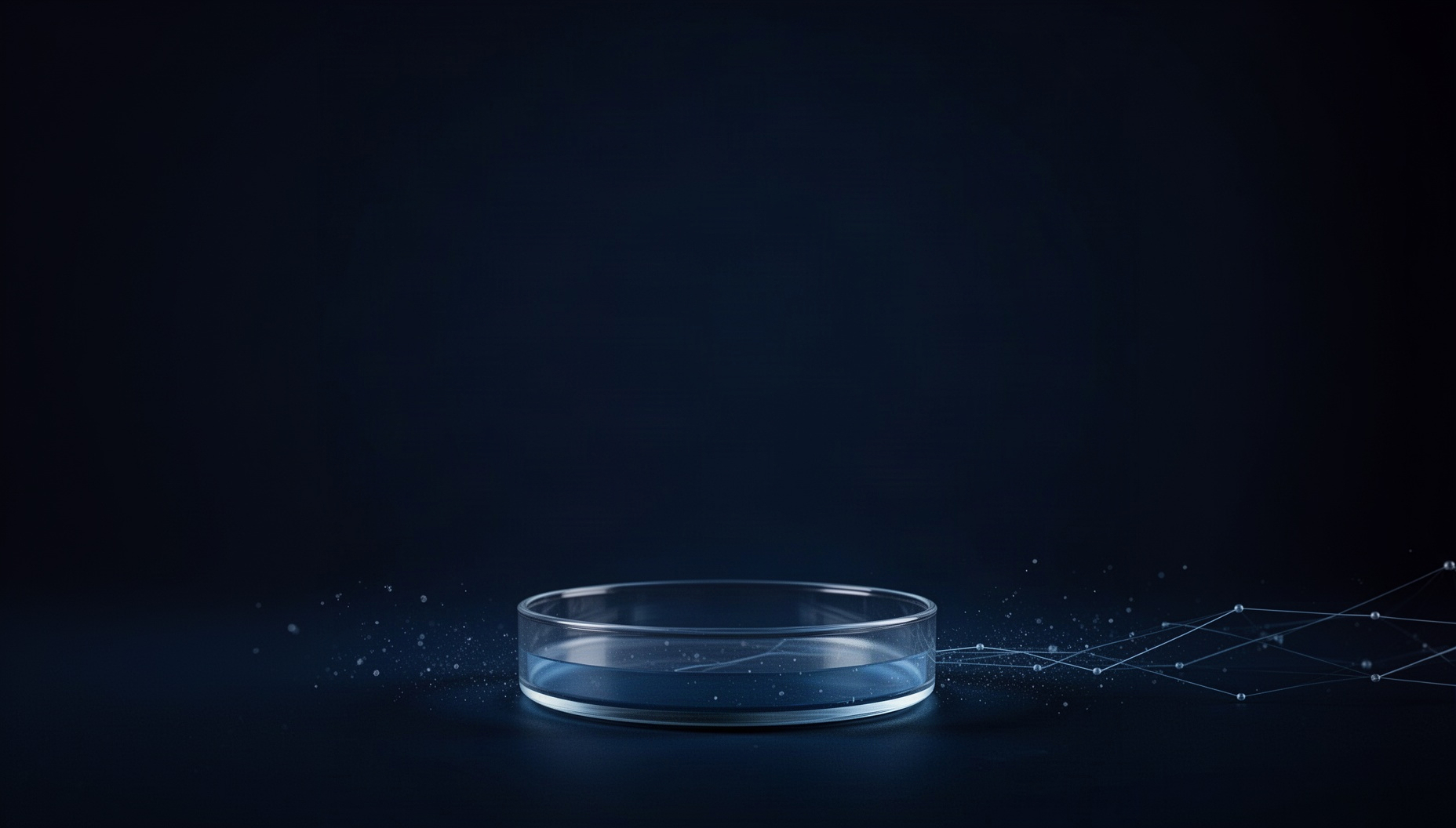 Science background for Google Slides with a holographic petri dish along the bottom edge, deep navy