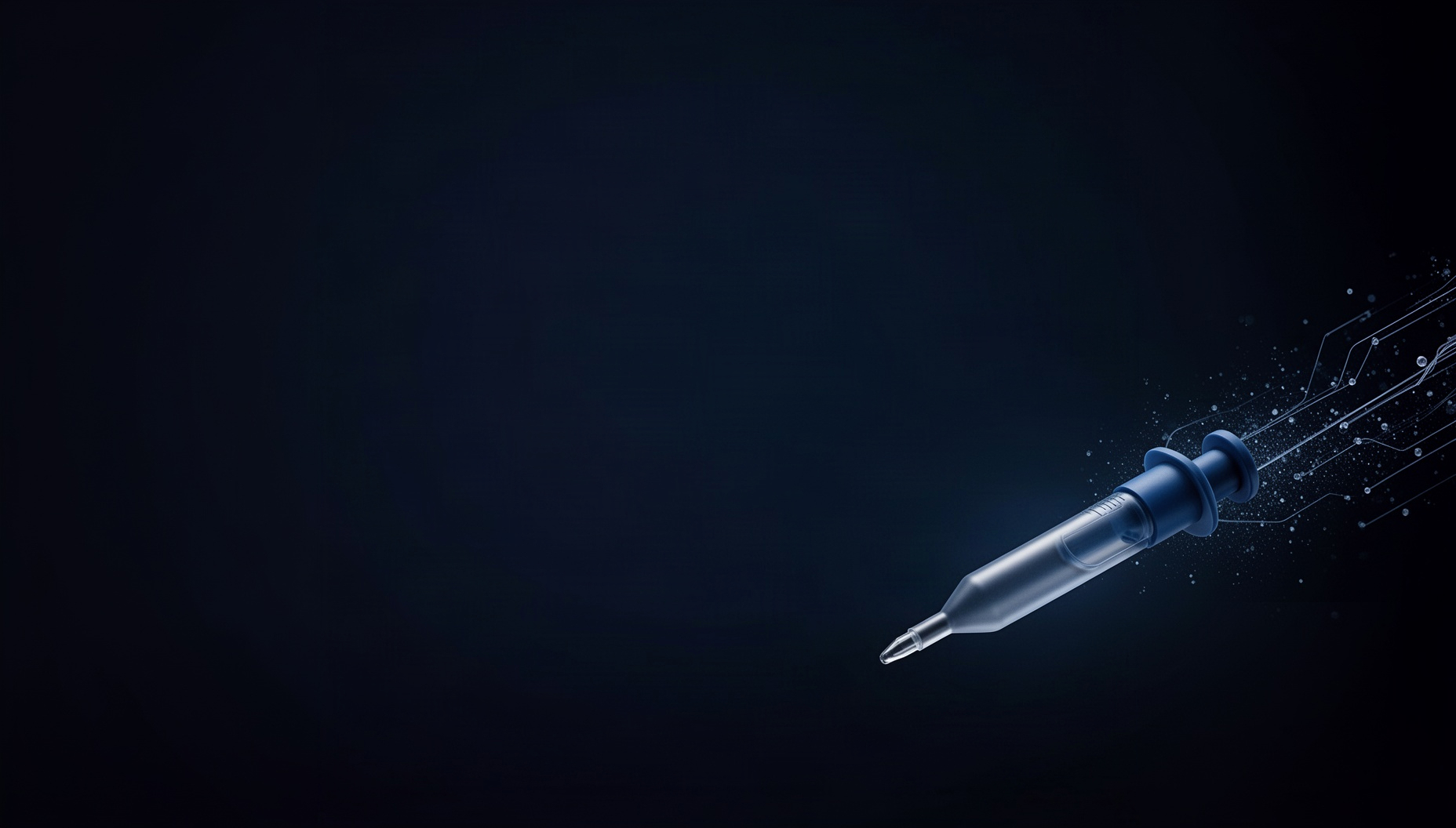 Science background for Google Slides with a holographic micropipette in opposite corners, deep navy