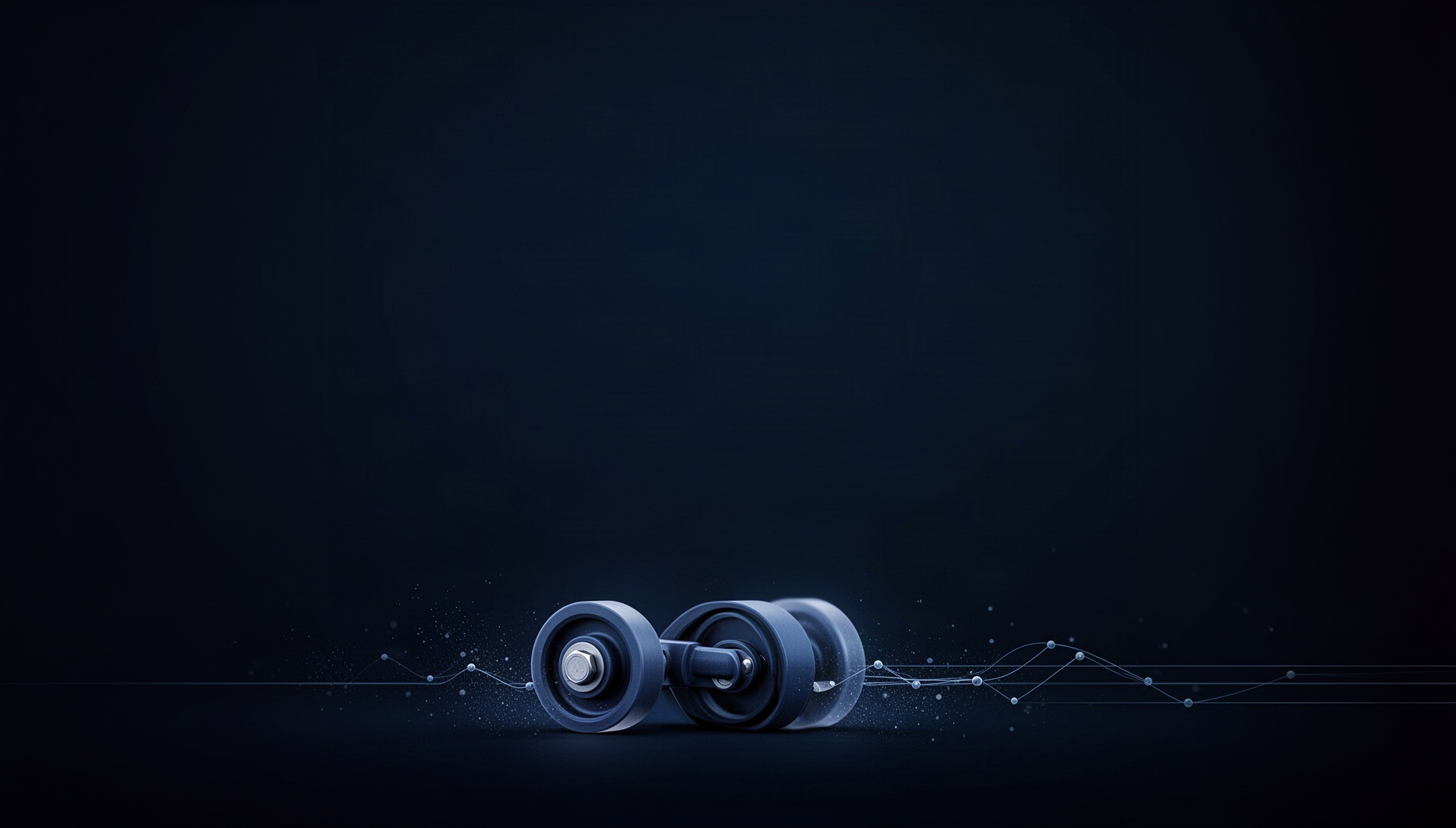 Warehouse PowerPoint background with a conveyor roller along the bottom edge, deep navy