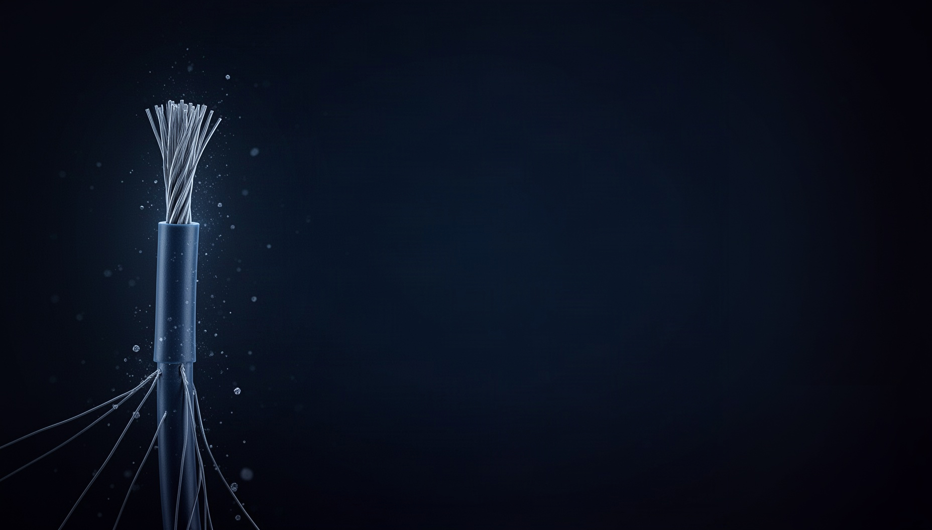 Electrical presentation background with a holographic stranded conductor on the left edge, deep navy