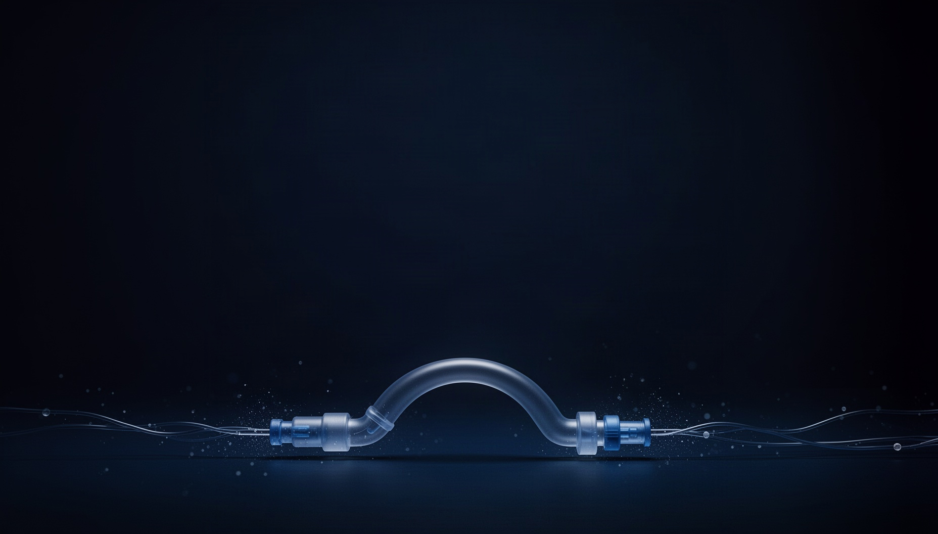 Medical background for slides with a holographic ECMO tubing loop along the bottom edge, deep navy