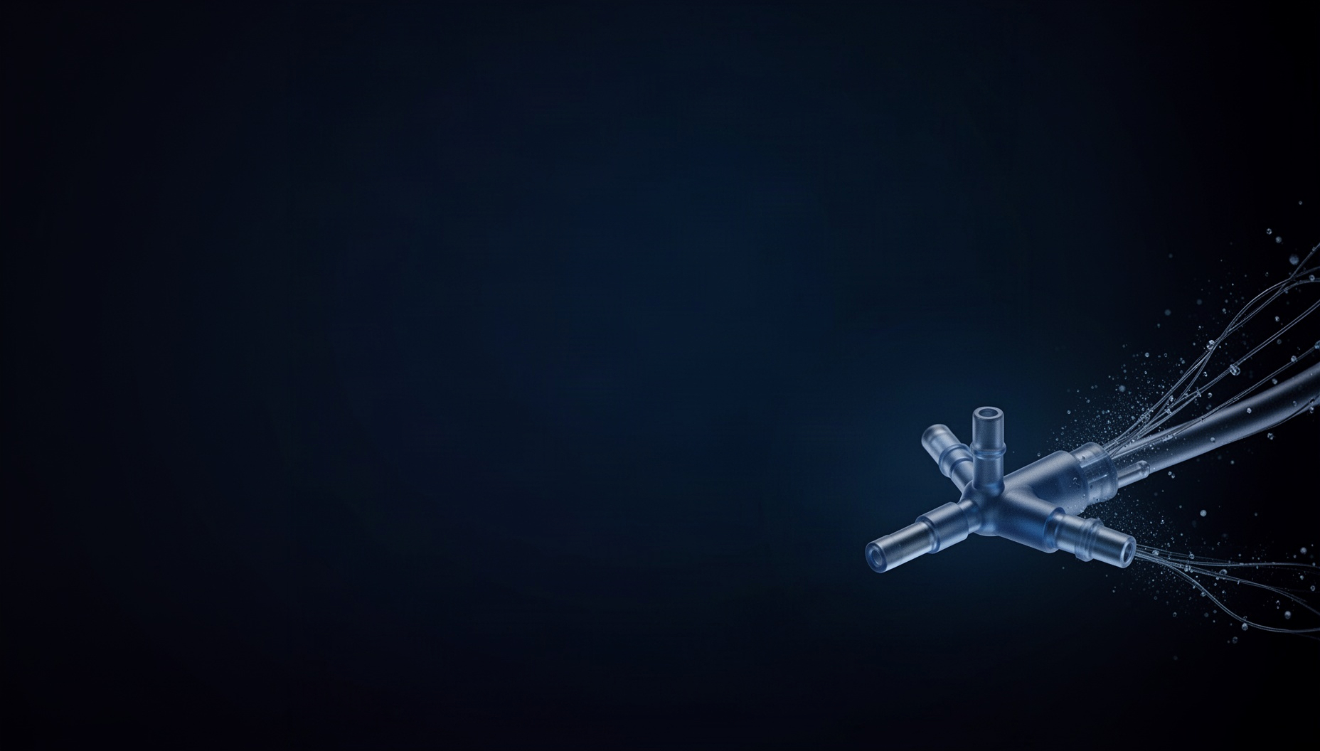 Medical background for slides with a holographic perfusion connector in opposite corners (top left, bottom right), deep navy