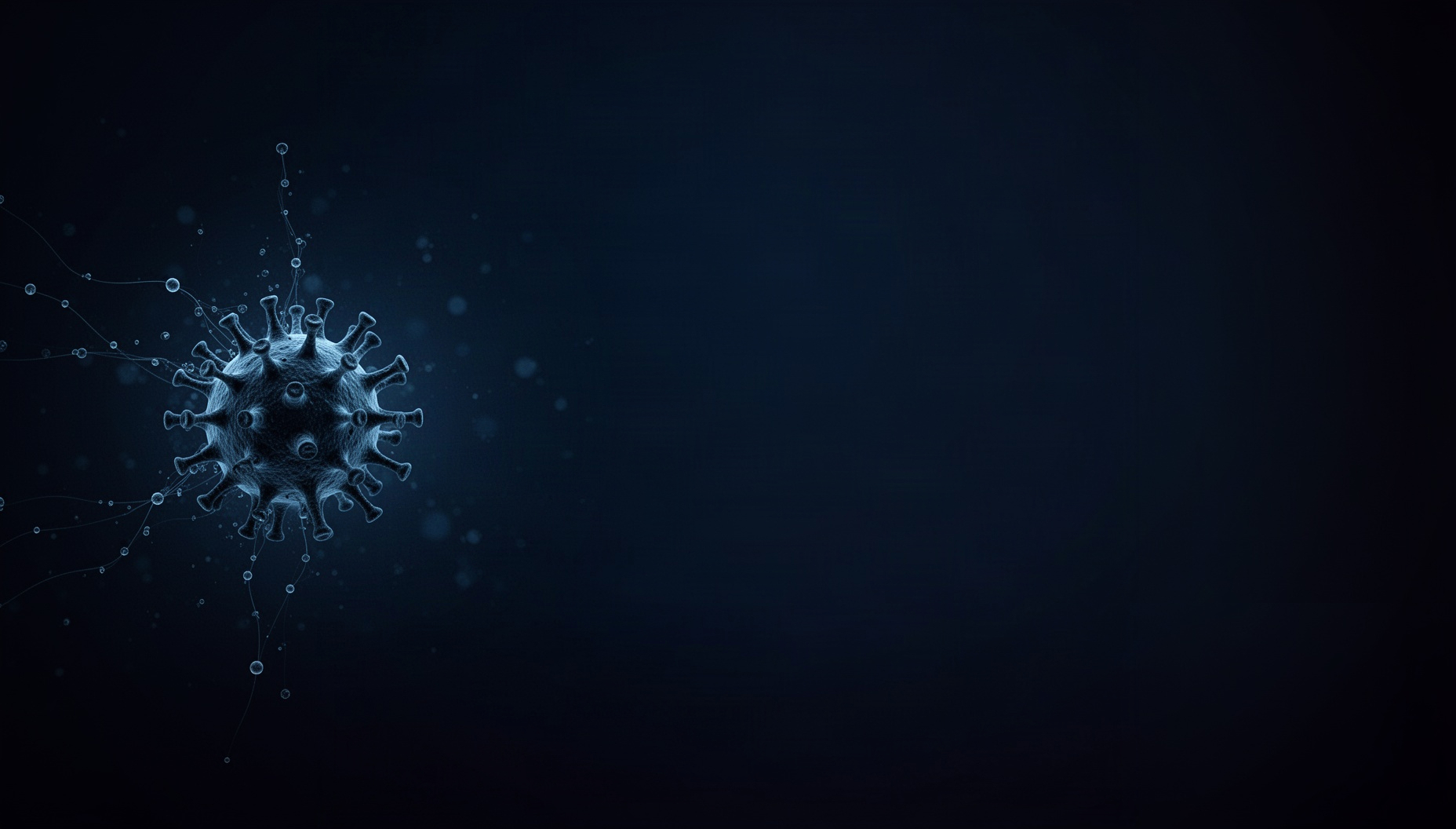 Virus powerpoint background with a holographic coronavirus spike on the left edge, deep navy