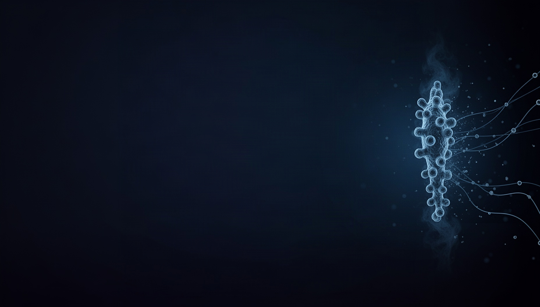 Virus powerpoint background with a holographic ACE2 receptor on the right edge, deep navy