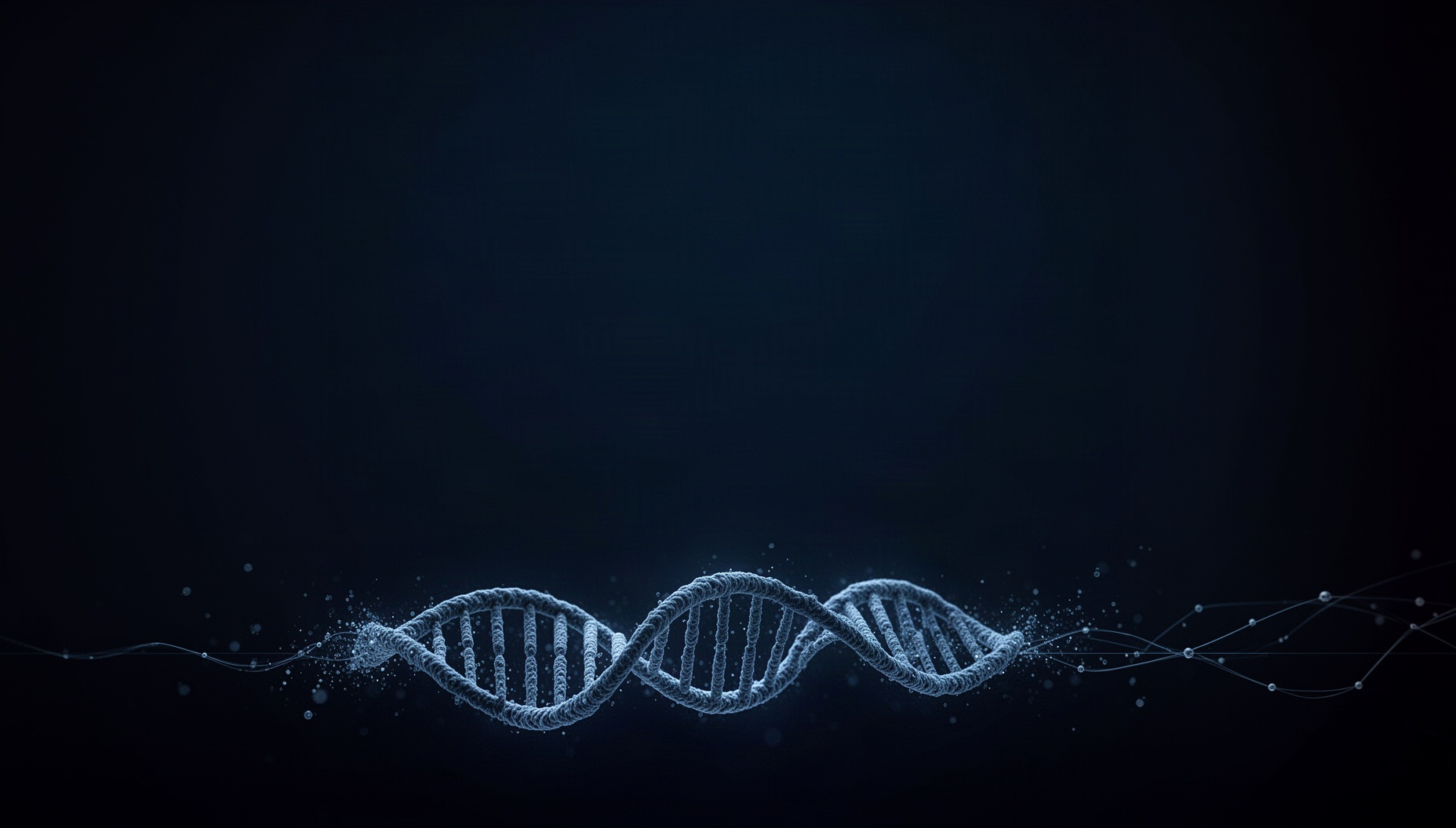 Virus powerpoint background with a holographic viral RNA strand along the bottom edge, deep navy