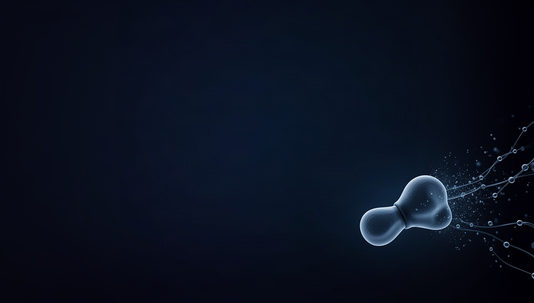 Virus powerpoint background with a holographic antibody in opposite corners (top left, bottom right), deep navy