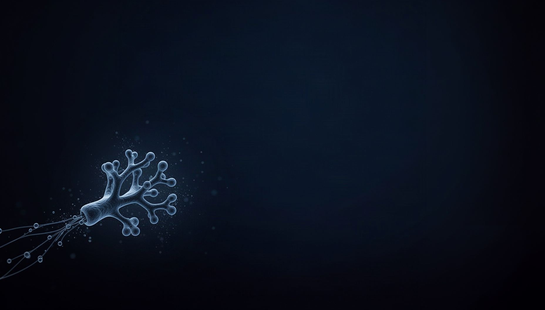 Virus powerpoint background with a holographic cytokine receptor in opposite corners (bottom left, top right), deep navy