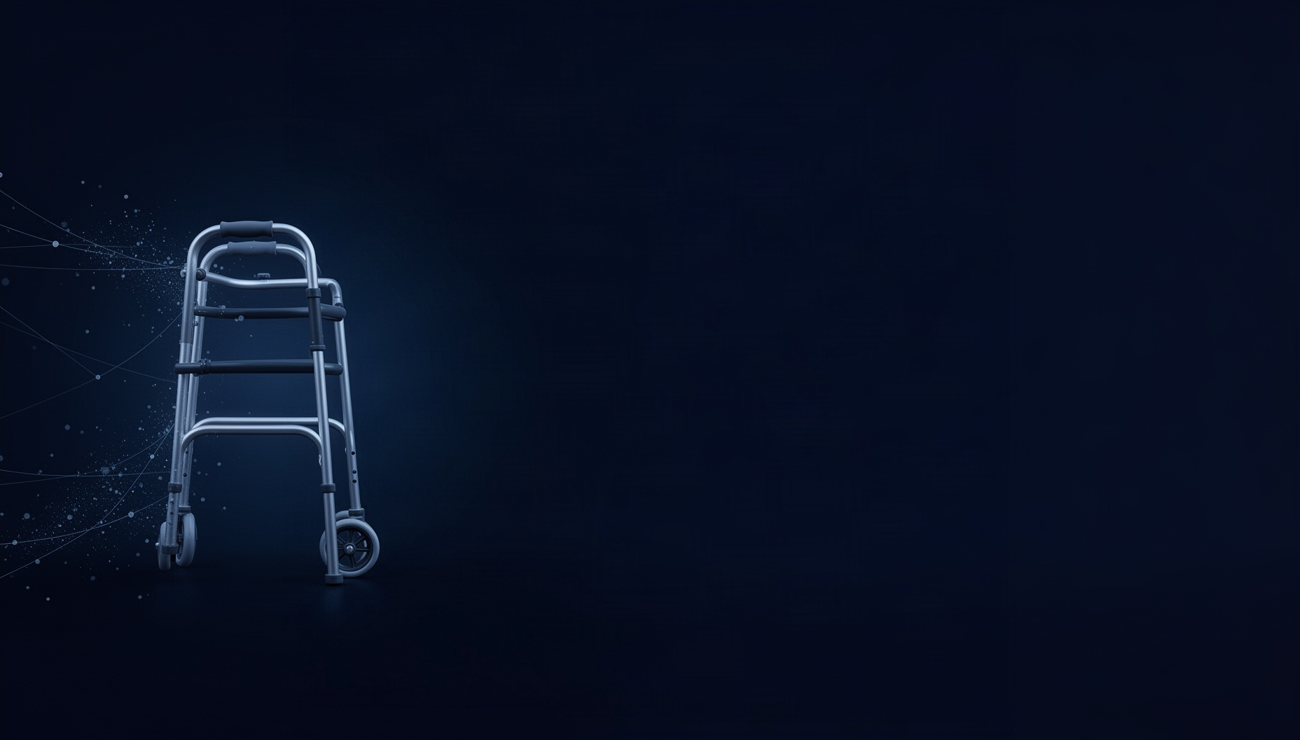 Mobility aids powerpoint background with a realistic walker rail on the left edge, deep navy