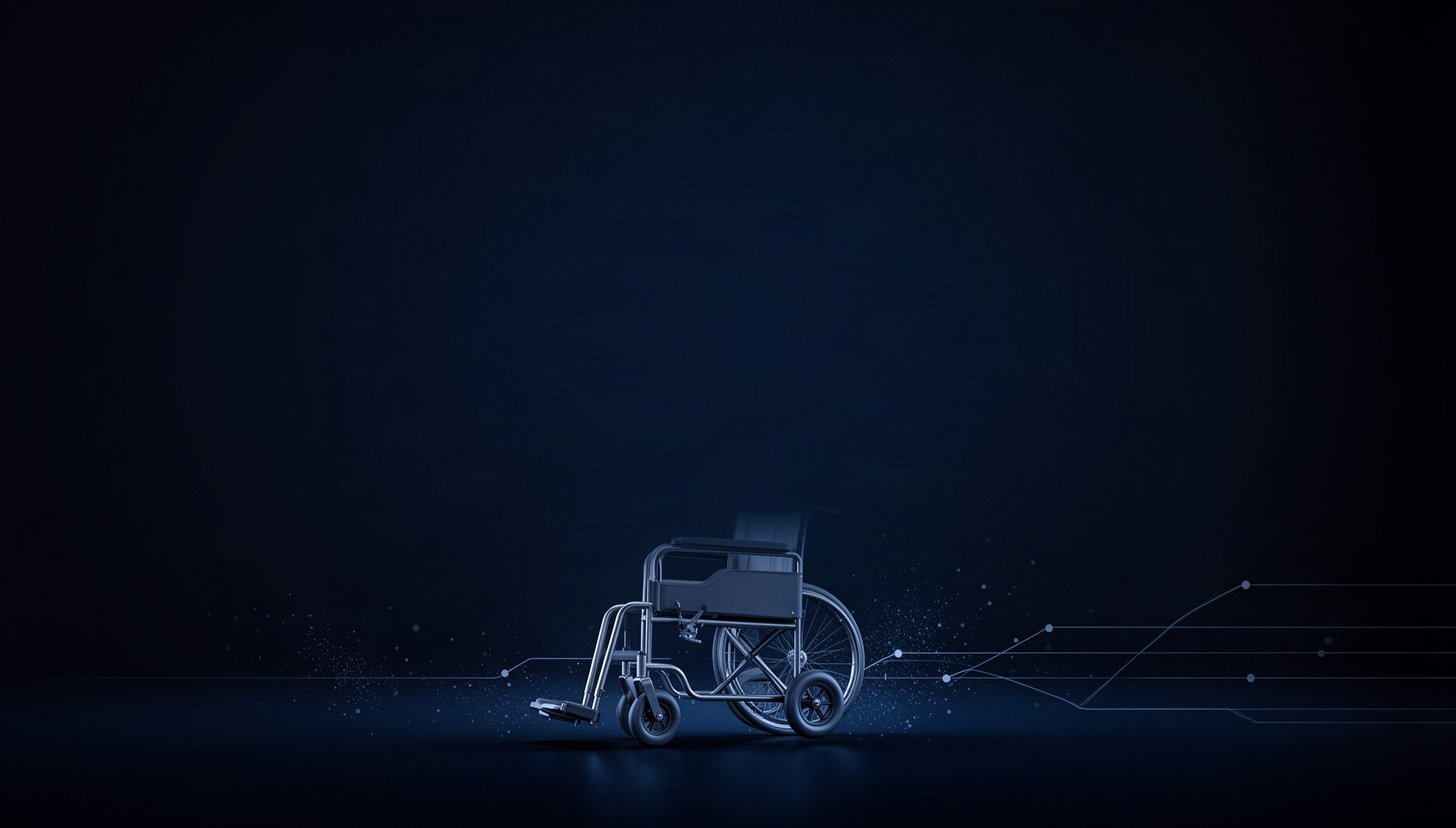 Mobility aids powerpoint background with a realistic wheelchair footrest along the bottom edge, deep navy