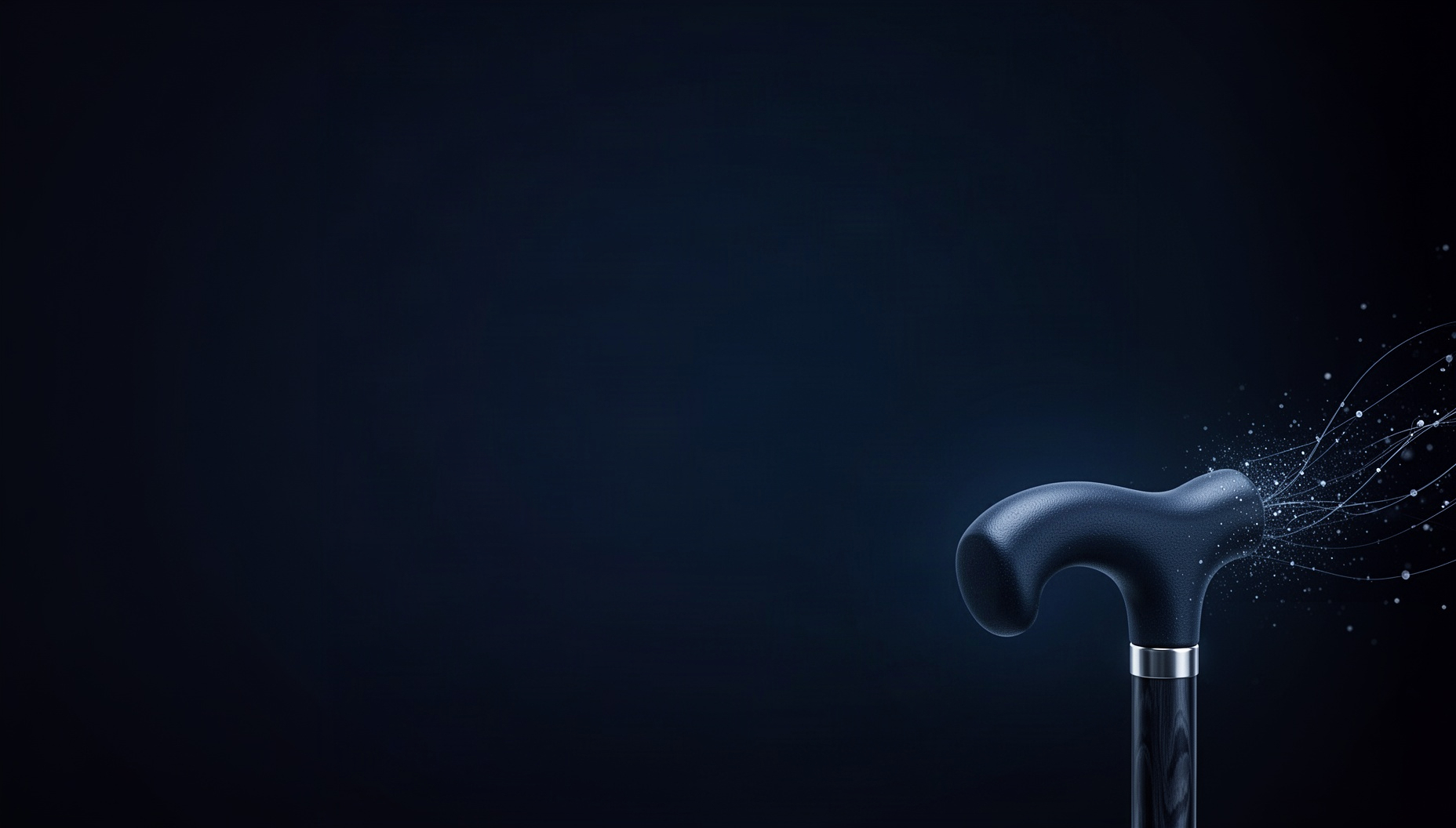 Mobility aids powerpoint background with a realistic cane tip in opposite corners (top left, bottom right), deep navy