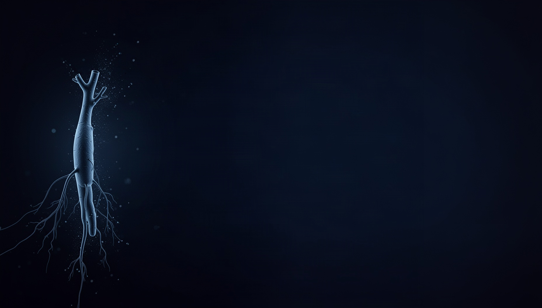 Navy blue slide background with a holographic mesenteric vein on the left edge, deep navy
