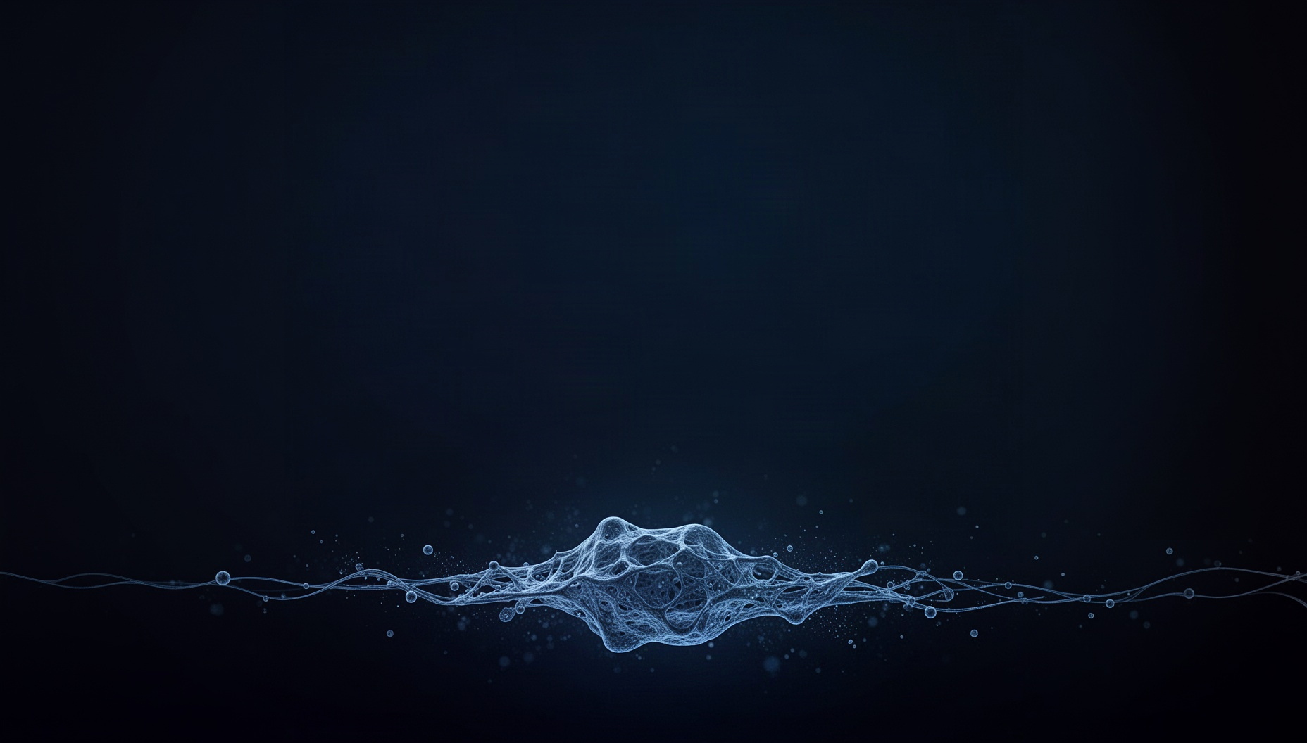 Navy blue slide background with a holographic fibrin mesh along the bottom edge, deep navy