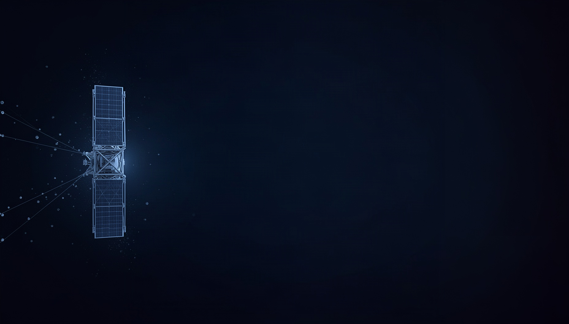Space slide background with a holographic satellite solar array on the left edge, deep navy