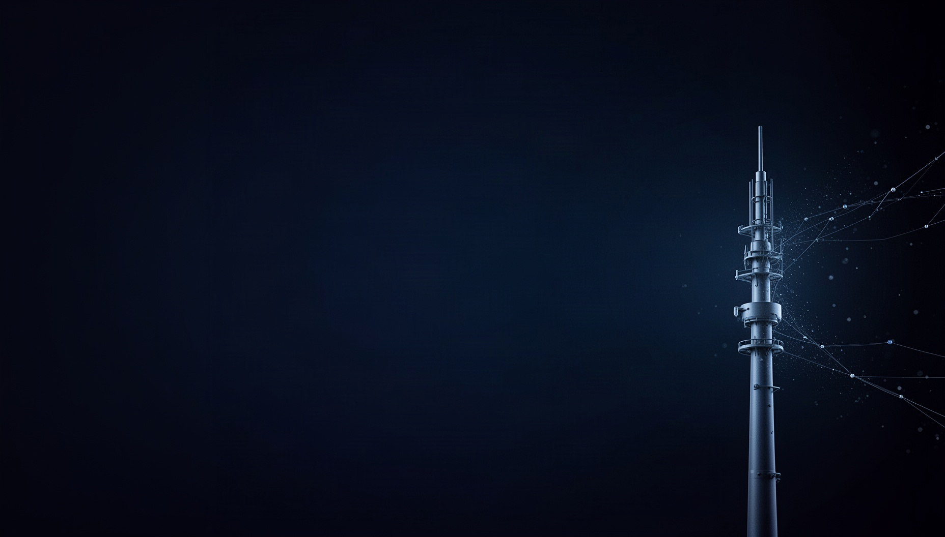 Space slide background with a holographic satellite antenna on the right edge, deep navy