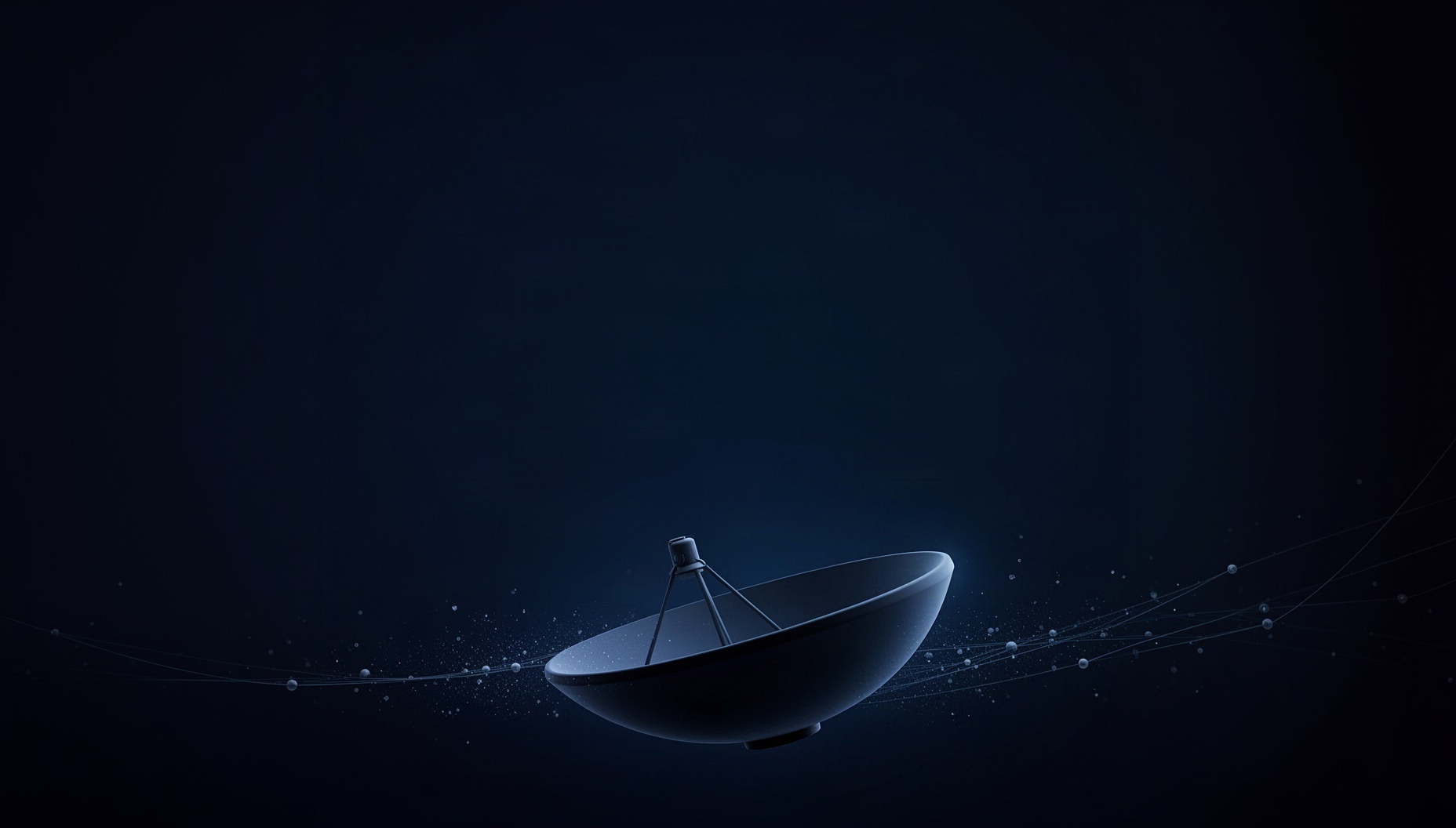 Space slide background with a holographic satellite dish along the bottom edge, deep navy