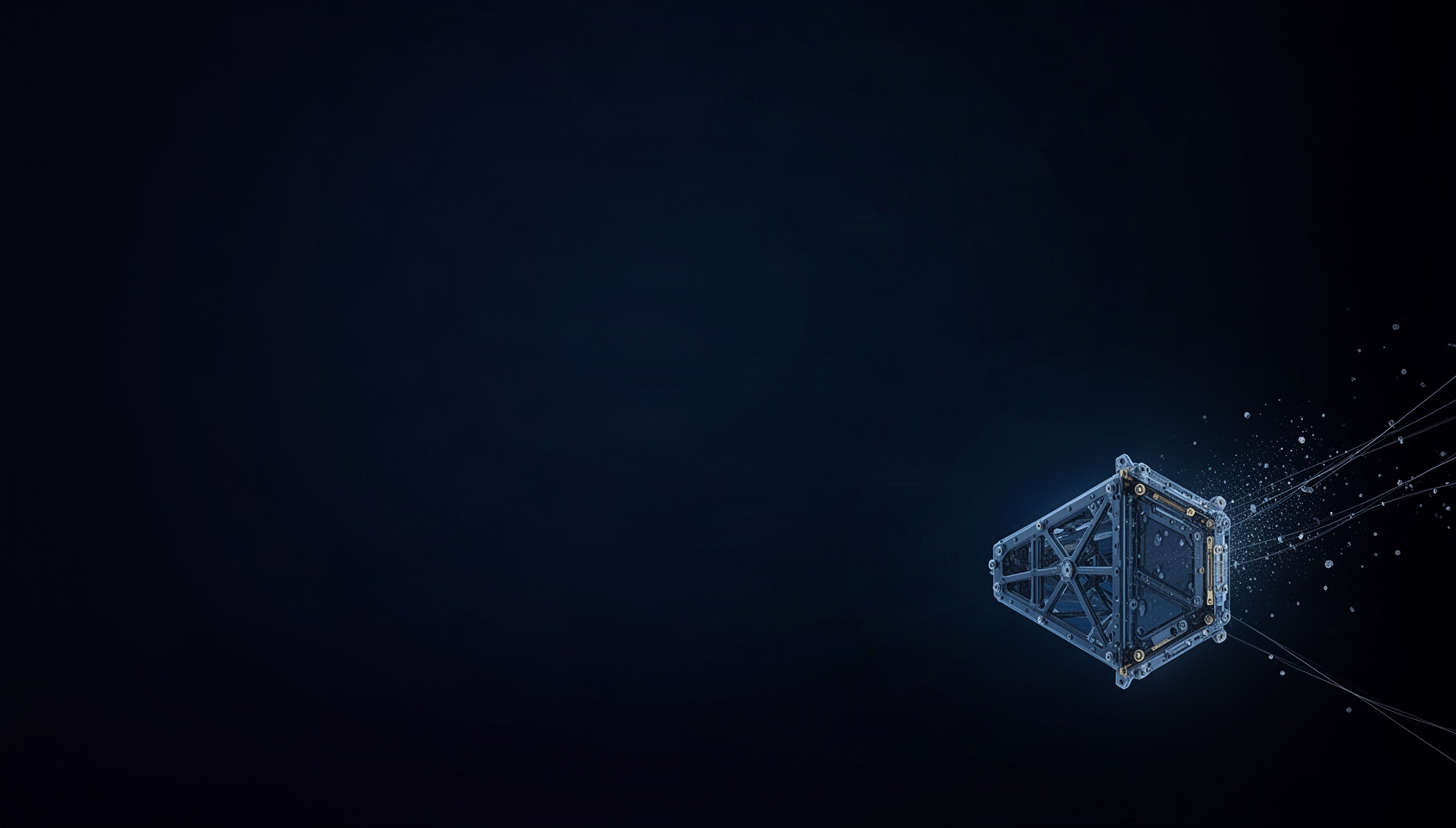 Space slide background with a holographic satellite frame in opposite corners, deep navy