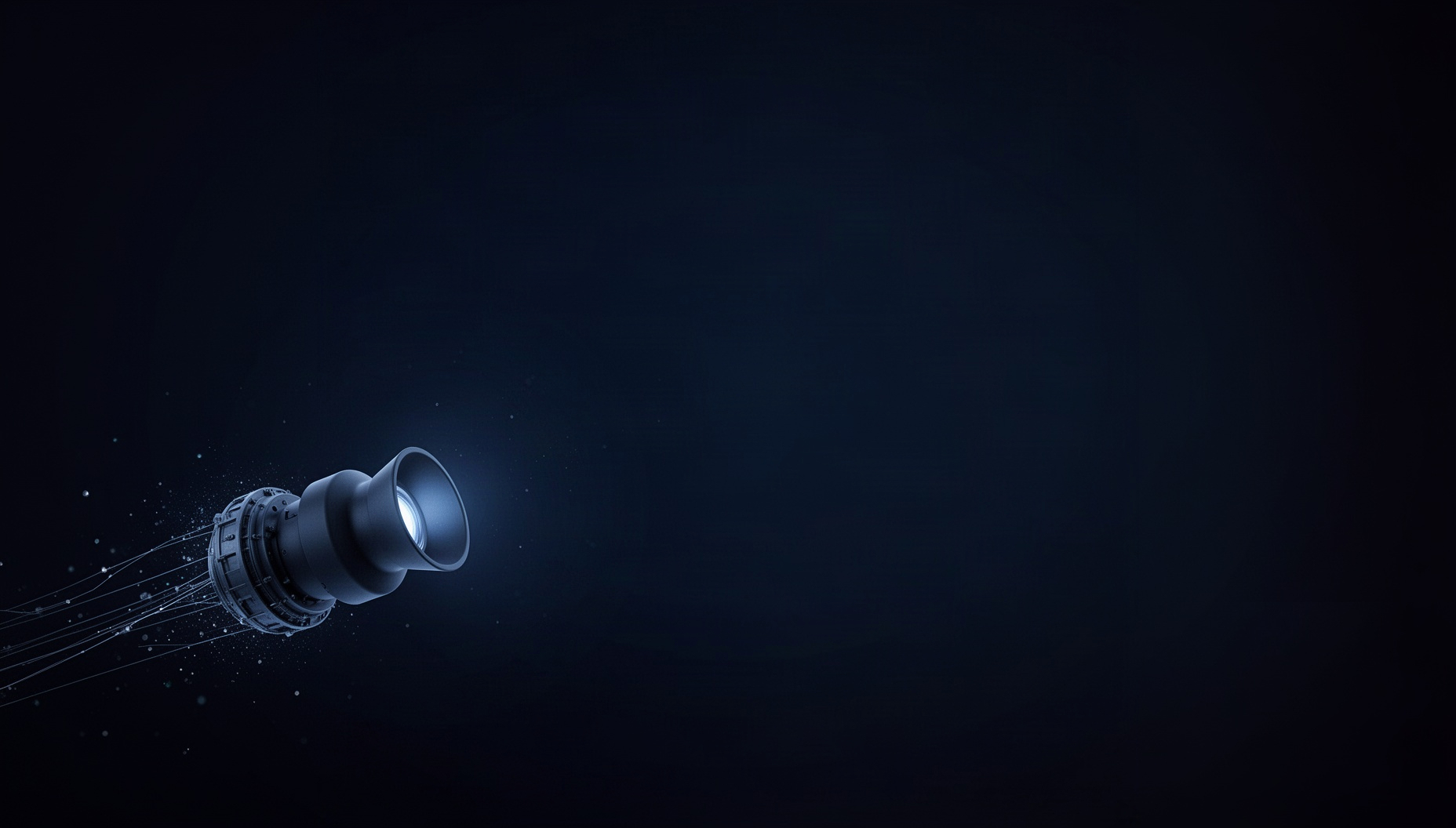 Space slide background with a holographic satellite thruster in opposite corners, deep navy