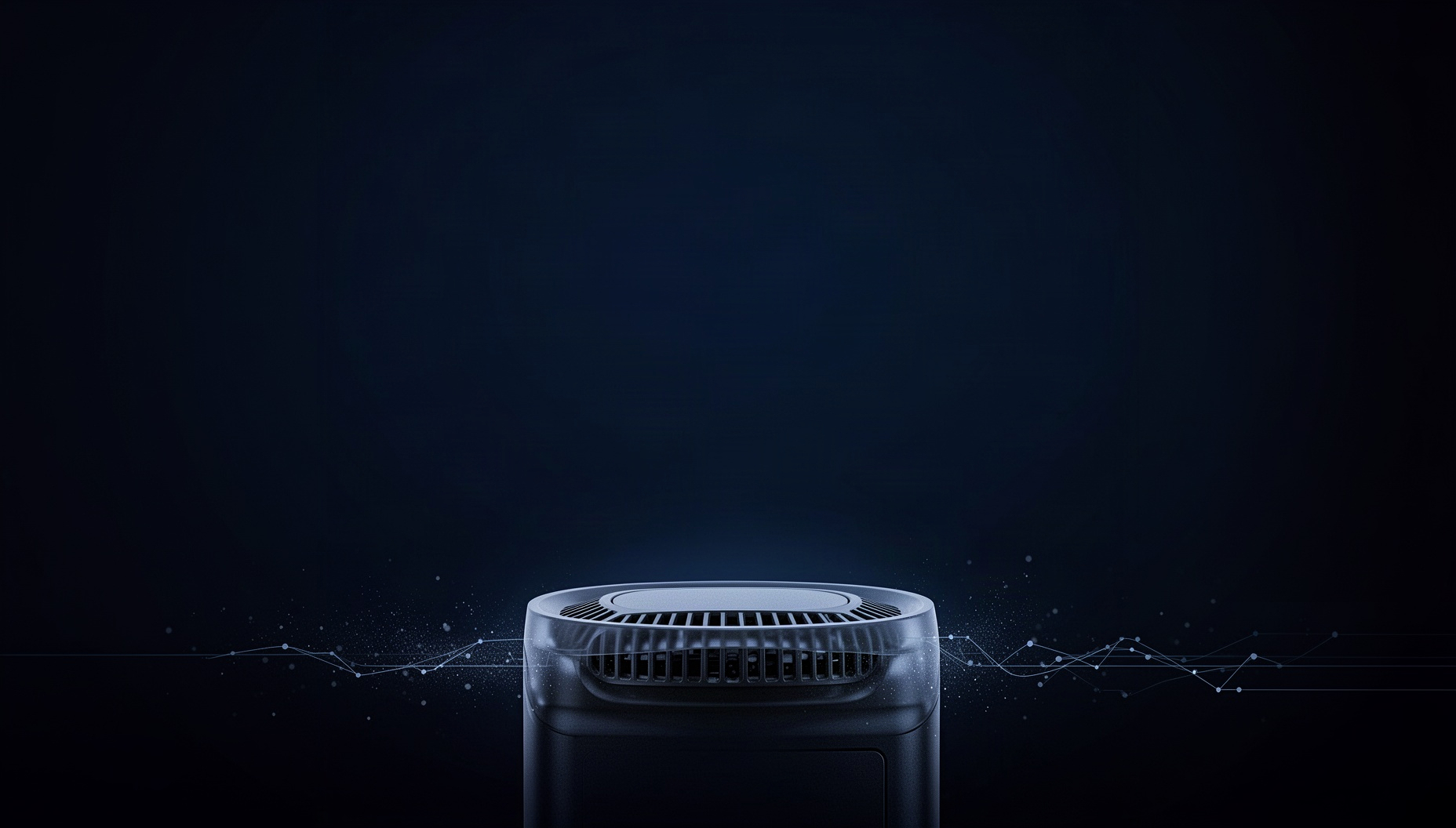 Electronics PowerPoint background with a holographic computer case along the bottom edge, deep navy