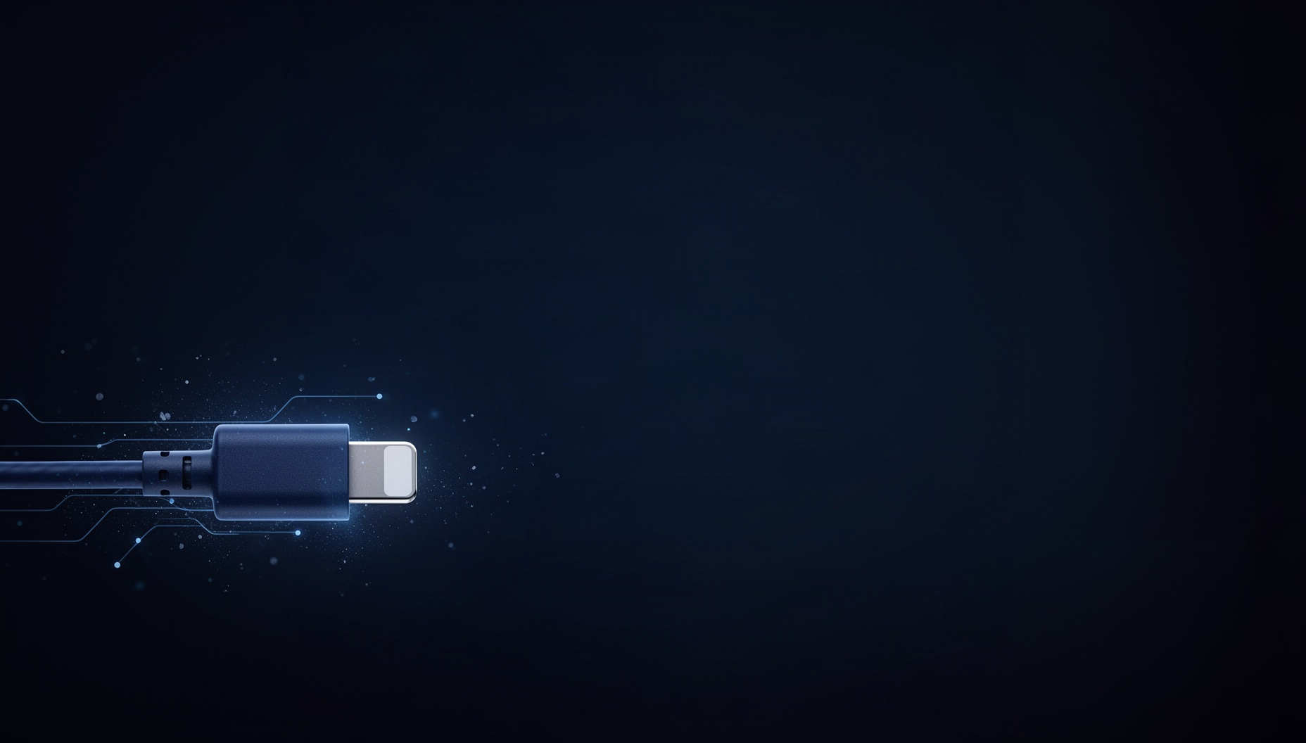 Electronics PowerPoint background with a holographic charging cable in opposite corners, deep navy